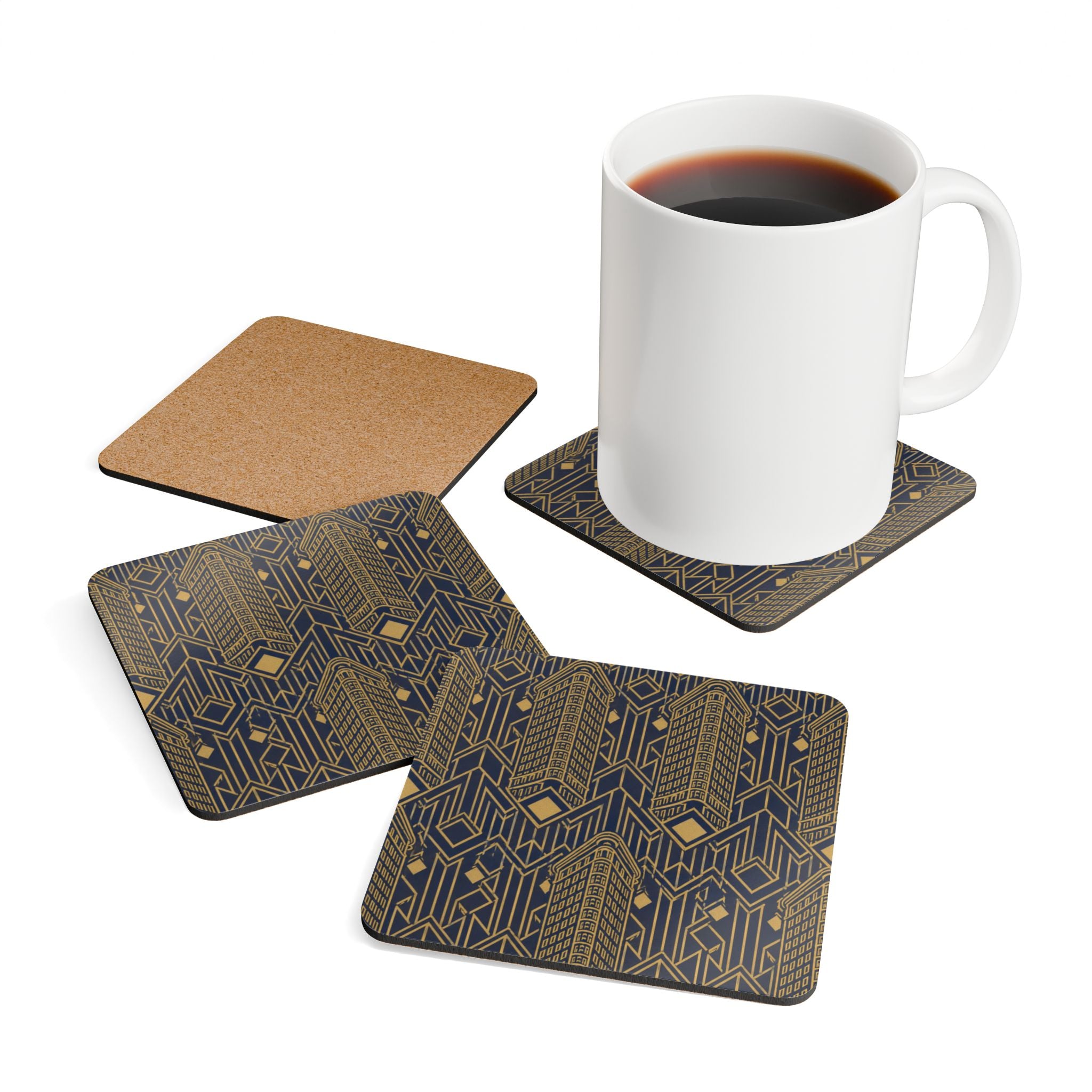 Art Deco Flatiron Building Gold & Navy Cork Coaster Set — Geometric Vintage Cocktail Coasters Set of 4