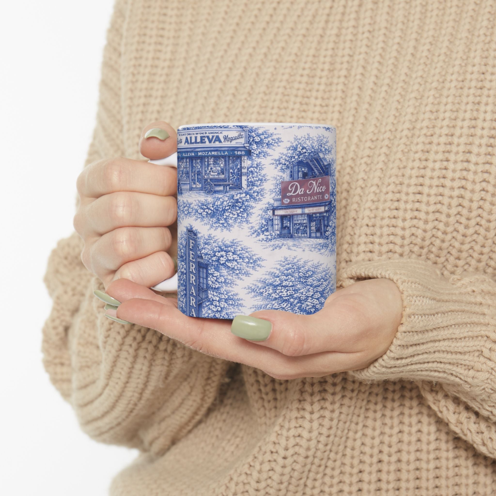 Little Italy Blue Toile de Jouey Cityscape Mug | NYC Chinoiserie Ceramic Coffee Cup