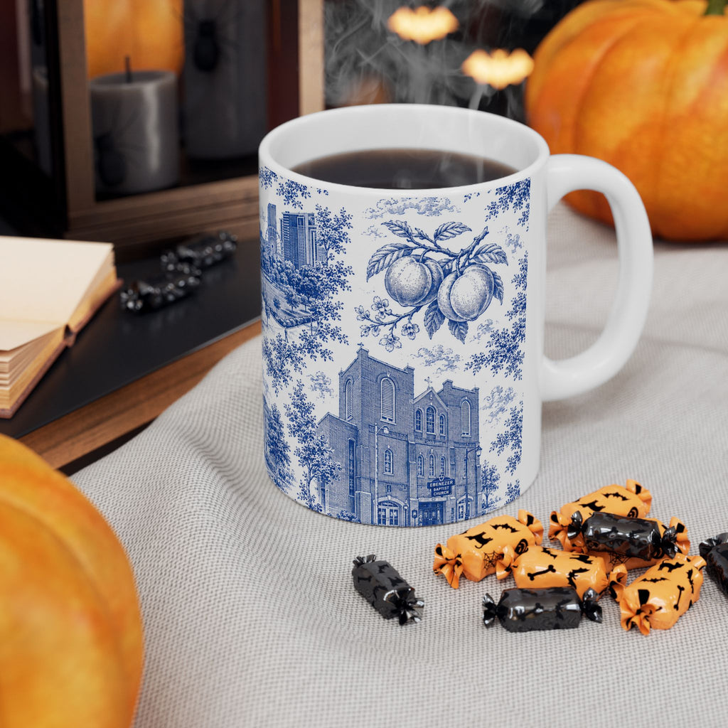 Atlanta Blue Toile de Jouy Ceramic Mug — Atlanta, Georgia Skyline & Capitol Illustration (11oz)