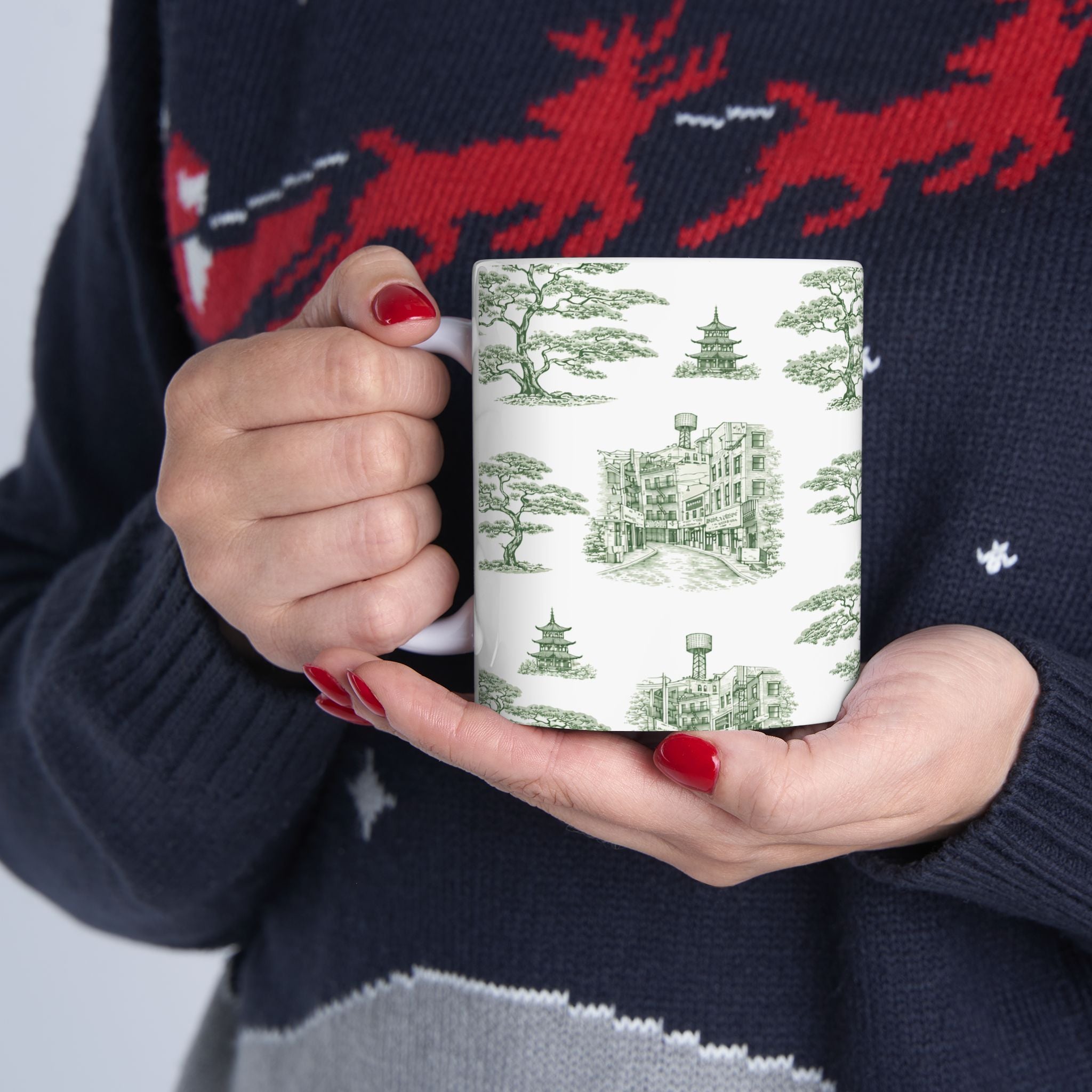 Chinatown Doyers Street Green Toile de Jouy Mug | New York City Chinoiserie Ceramic Mug 11oz