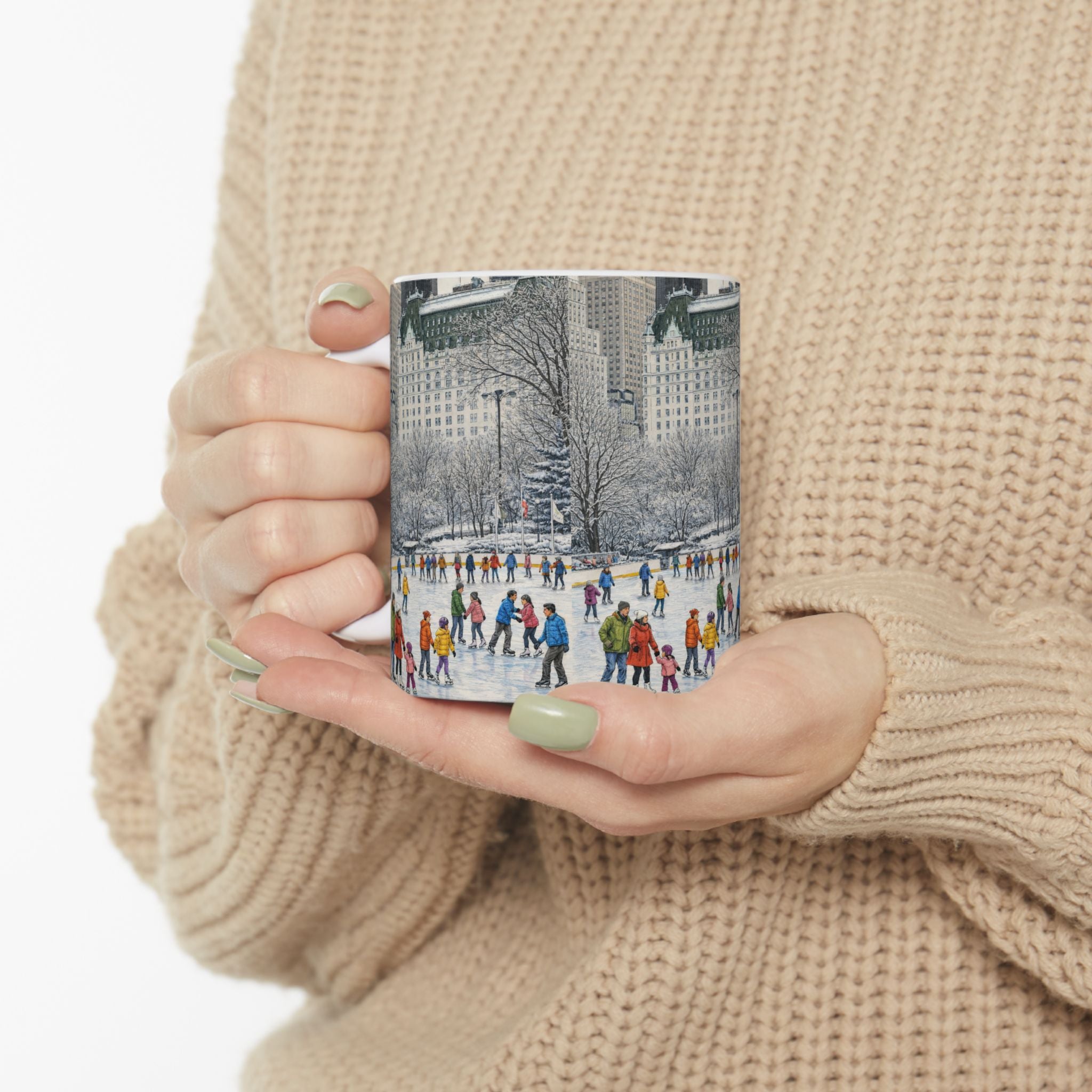 Central Park Wollman Rink Ice Skating Scene Mug | NYC The Plaza Winter Ceramic Coffee Cup