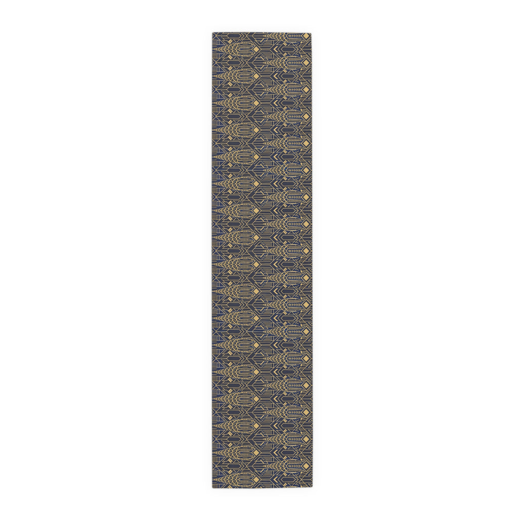 Art Deco Chrysler Building Navy & Gold Table Runner — NYC Elegant Geometric Tabletop Dining Decor