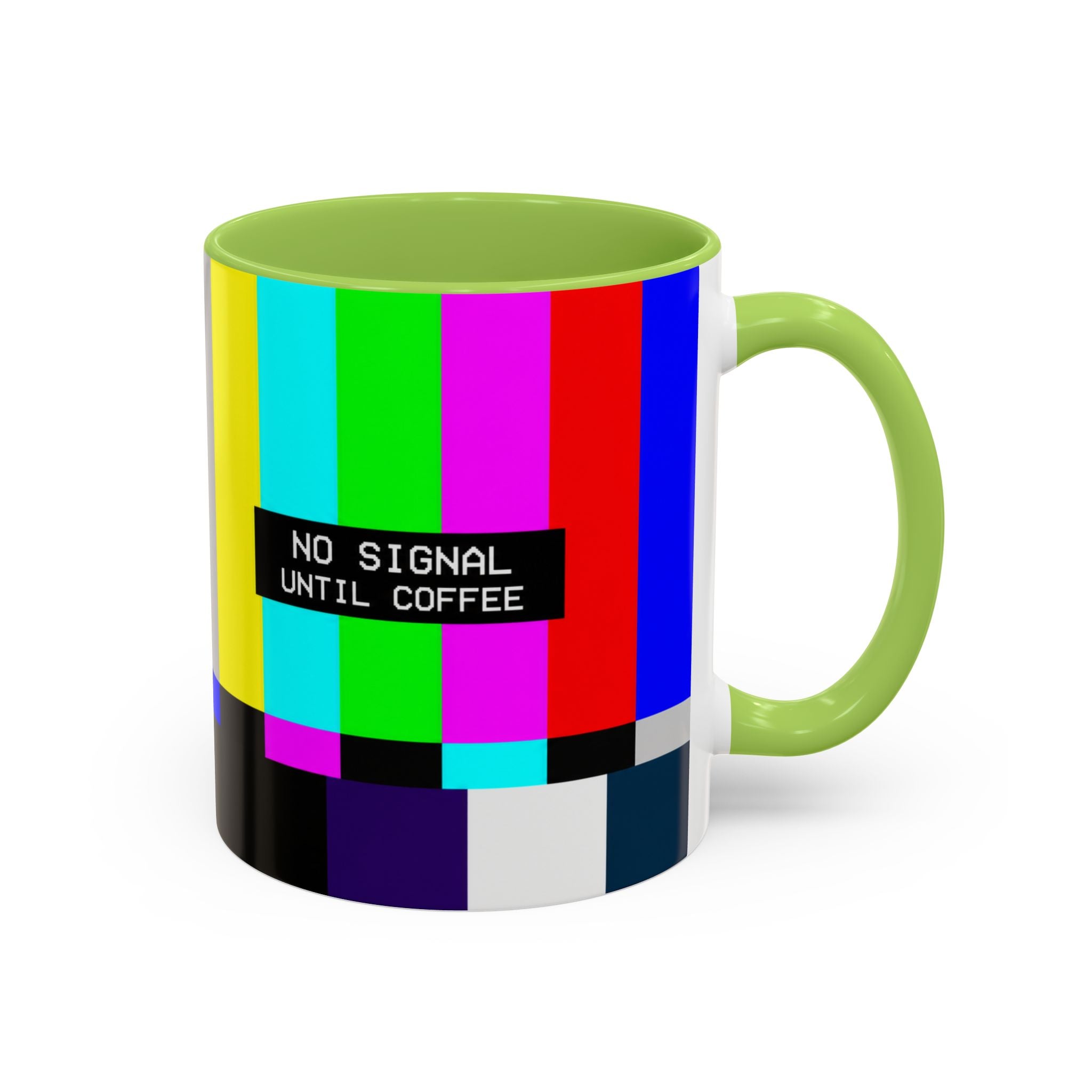 "No Signal Until Coffee" Accent Mug —  TV Rainbow Test Pattern Coffee Mug