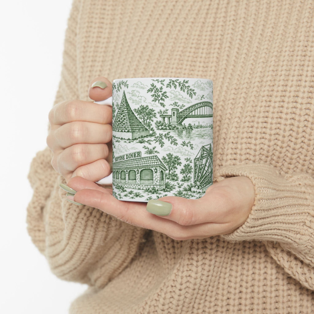 Astoria Green Toile Cityscape Ceramic Mug — 11oz Decorative Coffee Cup