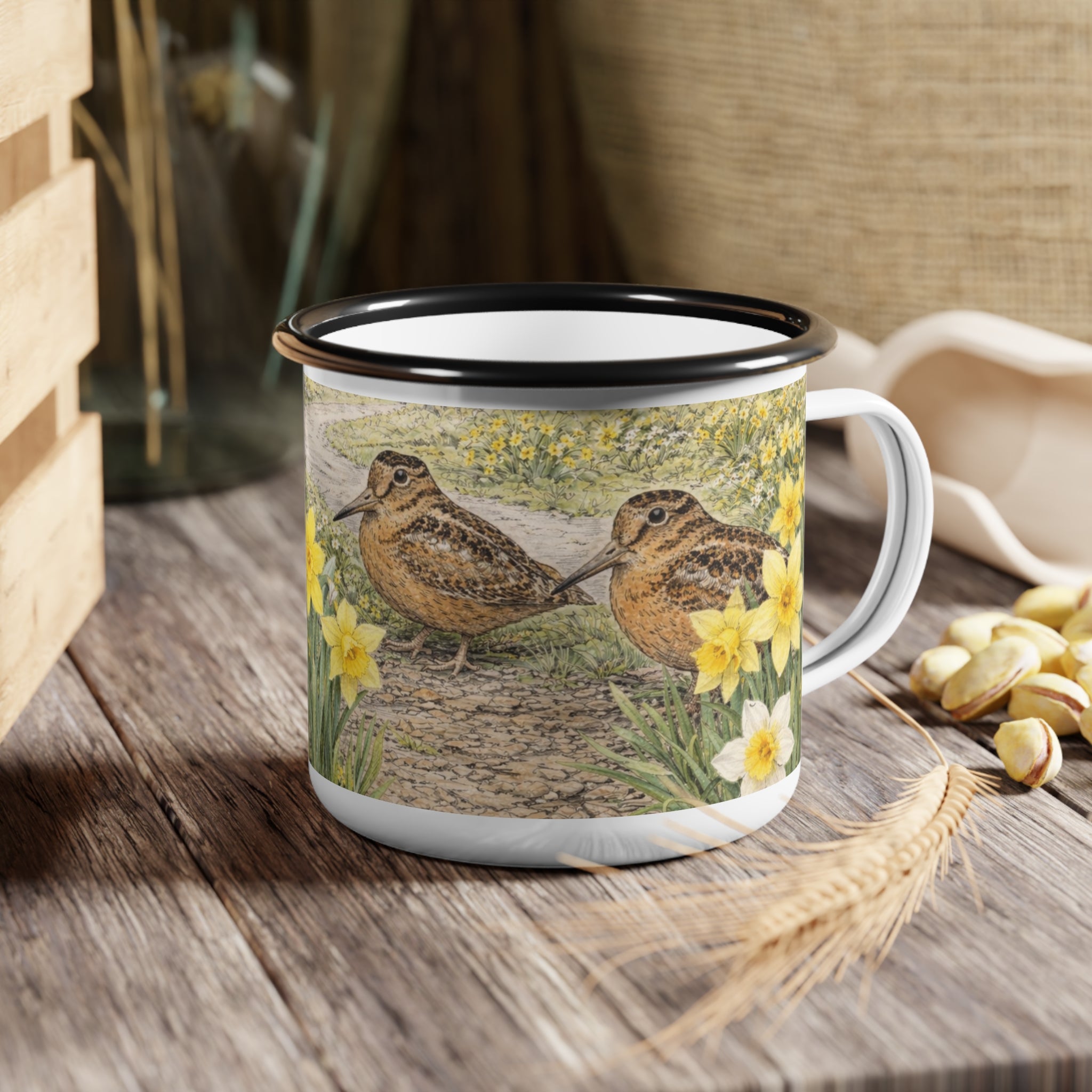 Bryant Park American Woodcock Springtime Enamel Camping Mug — Woodcock Bird Illustration, Rustic Outdoor Campgrounds Coffee Cup
