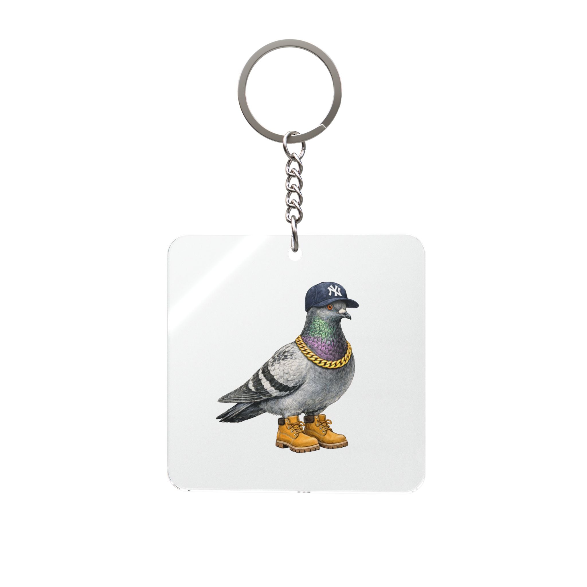 Customizable Bronx NYC Pigeon Square Keychain | NYC Yankees Timberlands Fan Bird Lovers Keyring Gift