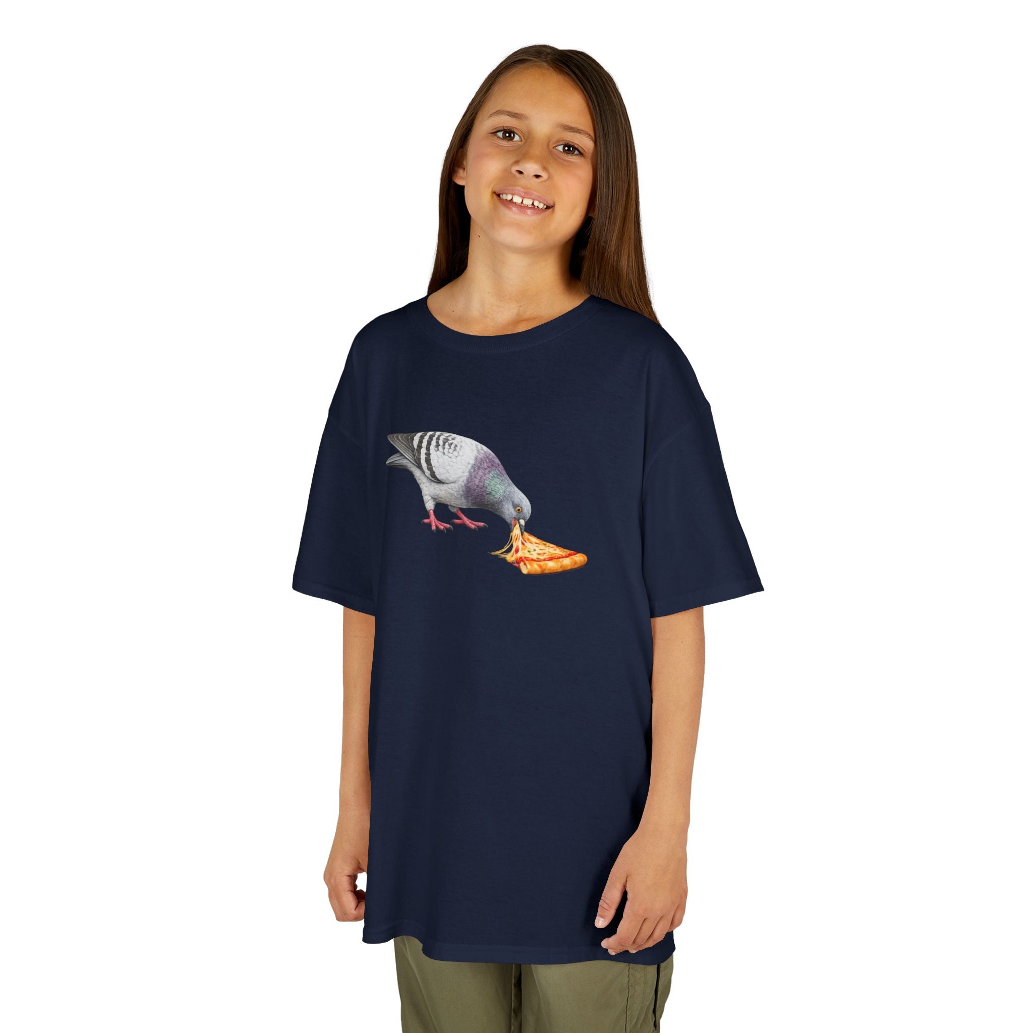 Customizable Little Italy NYC Pigeon Kid Pizza Tee —  Cute Bird Pizza Lover T-Shirt for Children