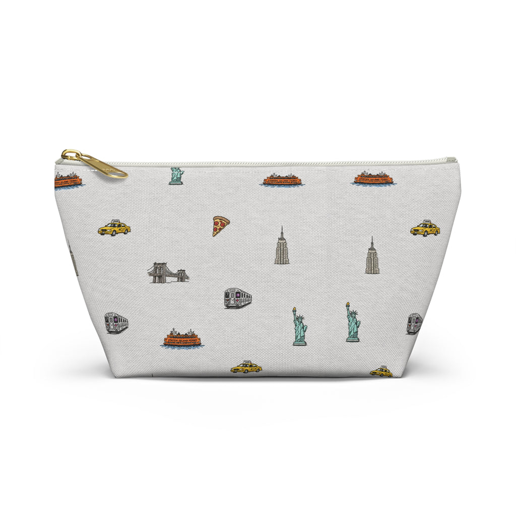 Icons of New York City Heather Gray Accessory Pouch — T-Bottom Makeup Bag with Statue of Liberty, Taxi & Pizza Pattern