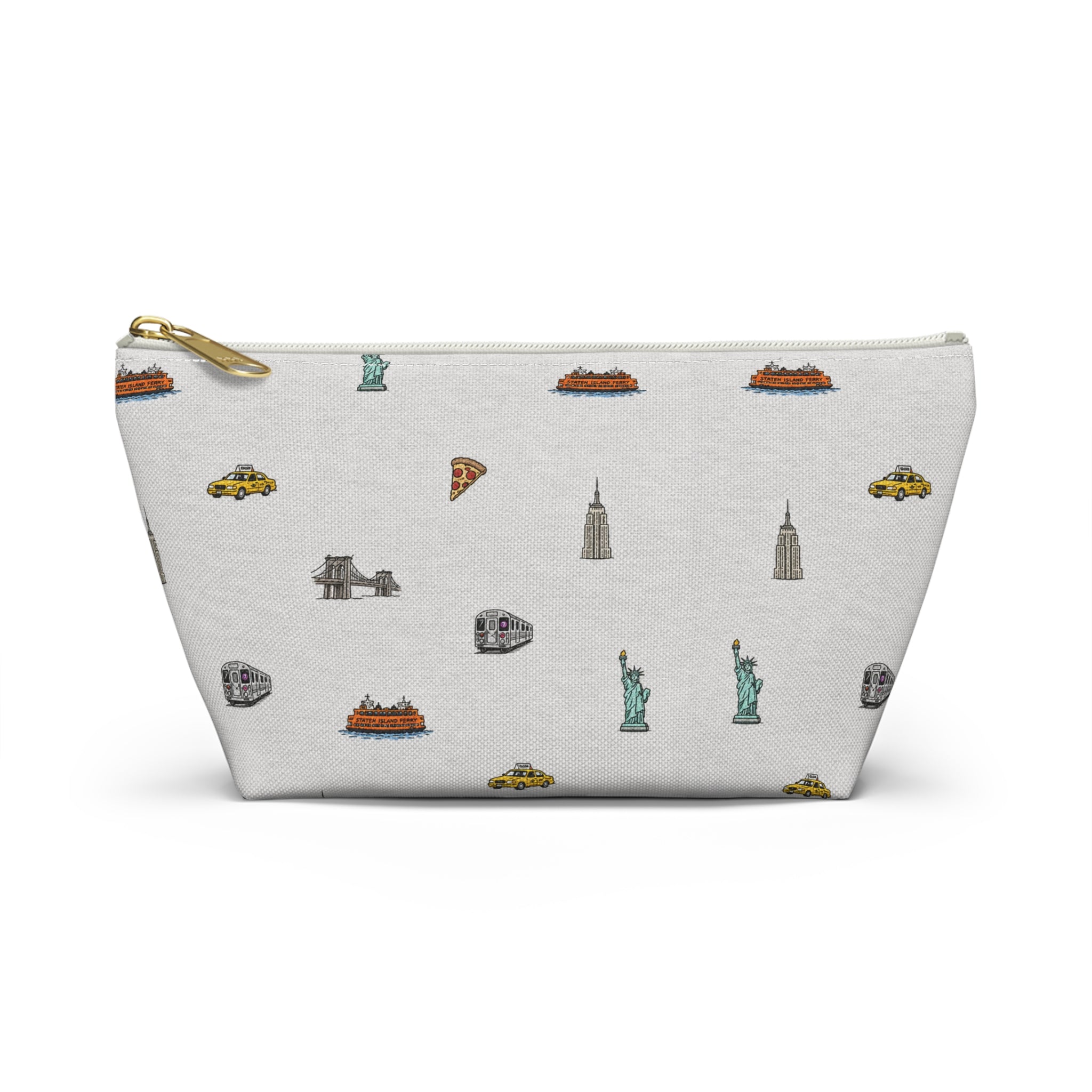 Icons of New York City Heather Gray Accessory Pouch — T-Bottom Makeup Bag with Statue of Liberty, Taxi & Pizza Pattern