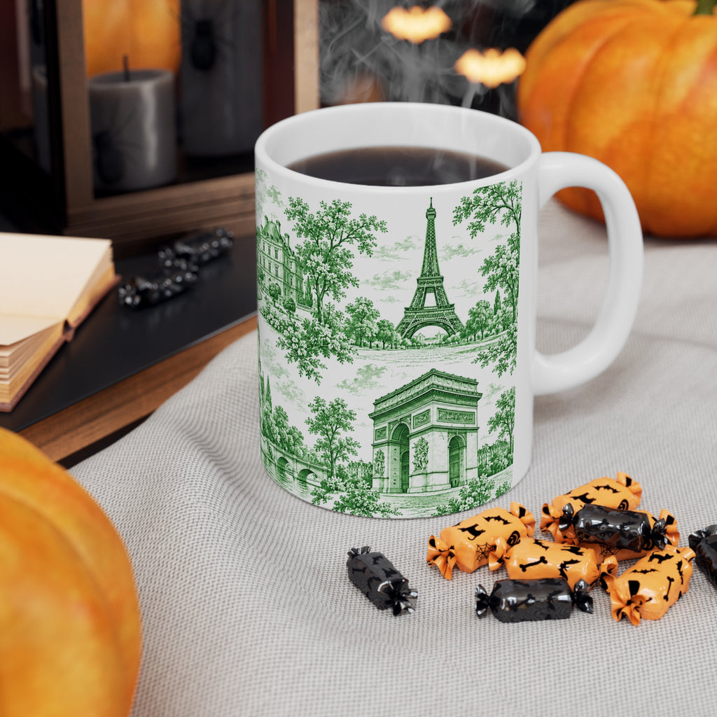Paris Green and White Toile Ceramic Mug —  (11oz; Ships from Europe)