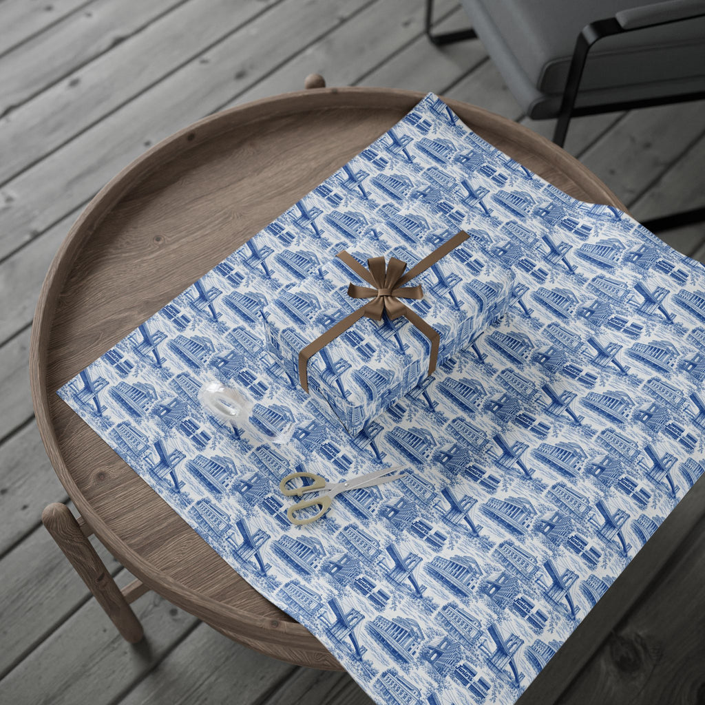 Brooklyn NYC Blue Toile Gift Wrapping Papers   Chinoiserie New York City Gift Wrap Brooklyn Bridge Prospect Park Junior's DUMBO Museum