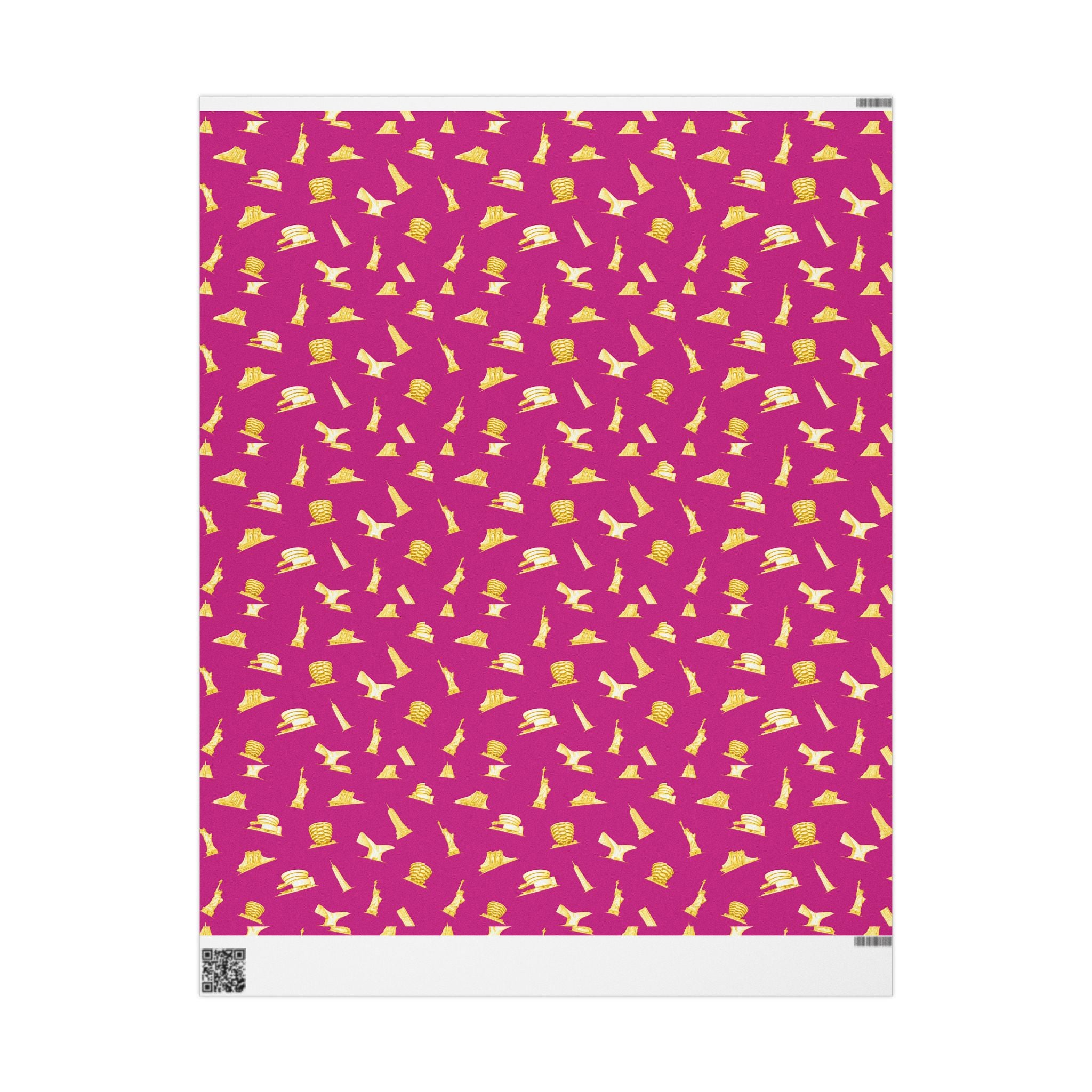 Gold NYC Landmarks on Pink Gift Wrap Paper | New York Statue of Liberty Oculus Vessel Brooklyn Bridge Guggenheim Wrapping Paper Roll