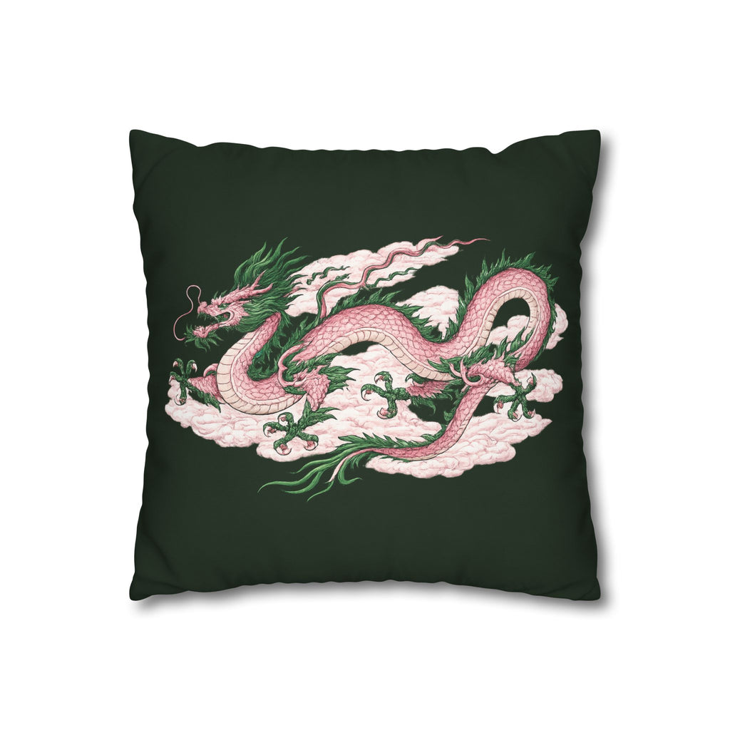 Chinatown Pink Dragon Square 16" x 16" Pillowcase – Dark Green Decorative Throw Pillow Cover (Pillow Not Included)