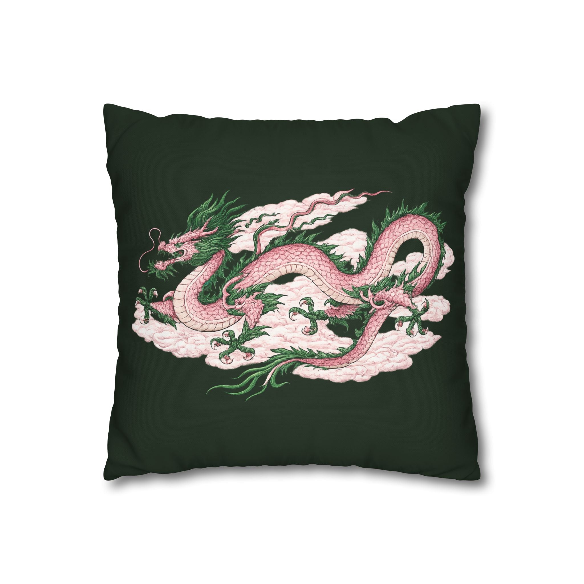 Chinatown Pink Dragon Square 16" x 16" Pillowcase – Dark Green Decorative Throw Pillow Cover (Pillow Not Included)