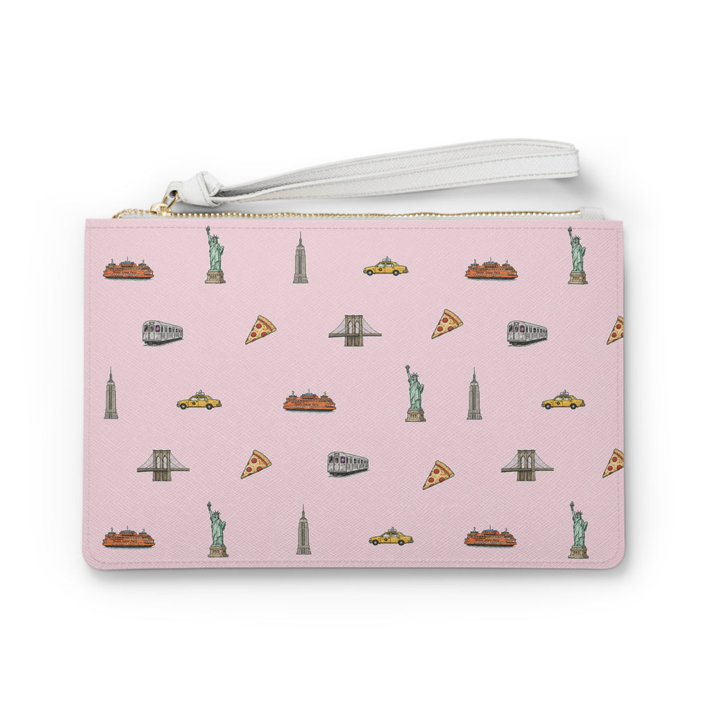 Icons of New York City Pink Clutch — Statue of Liberty, Taxi & Pizza Pattern