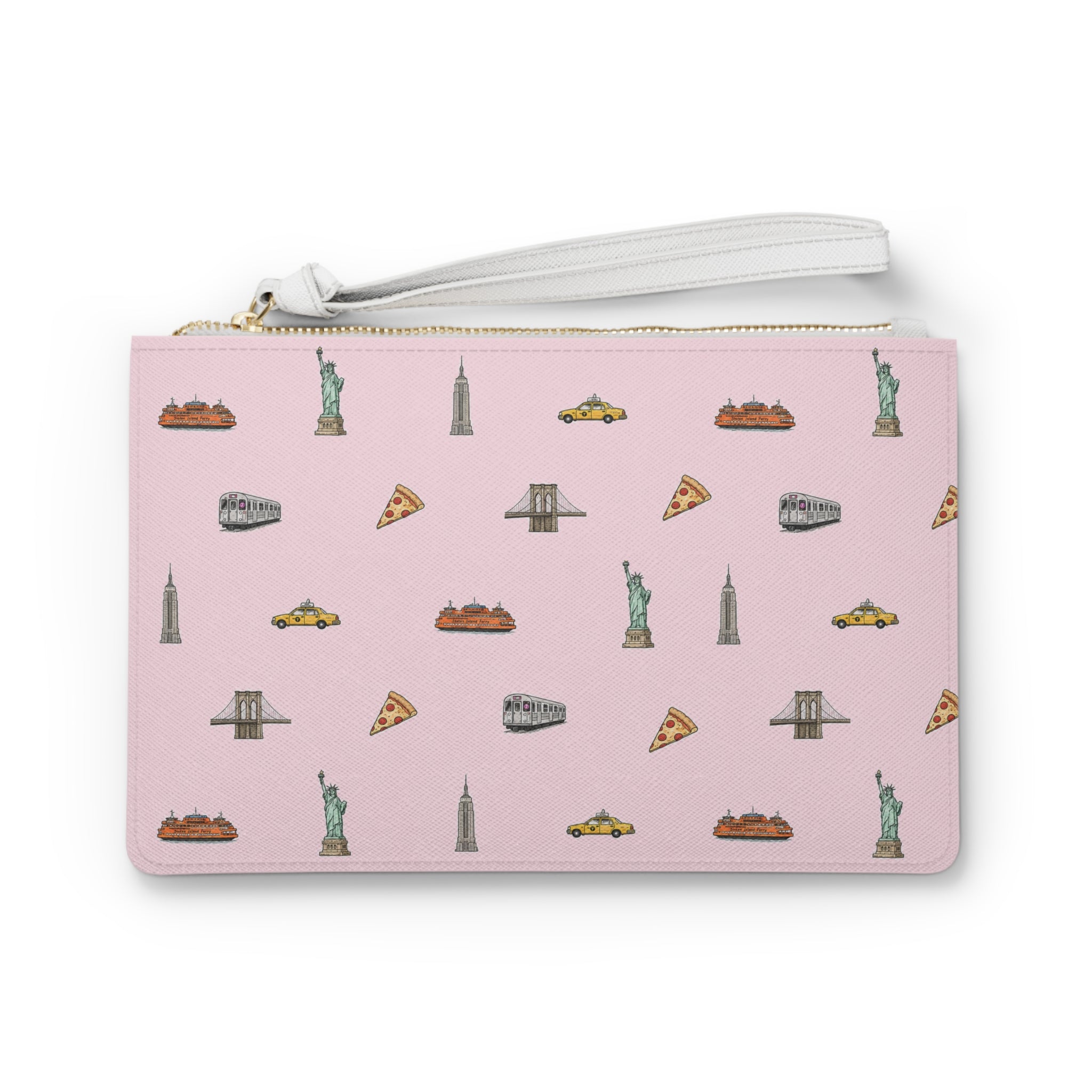 Icons of New York City Pink Clutch — Statue of Liberty, Taxi & Pizza Pattern
