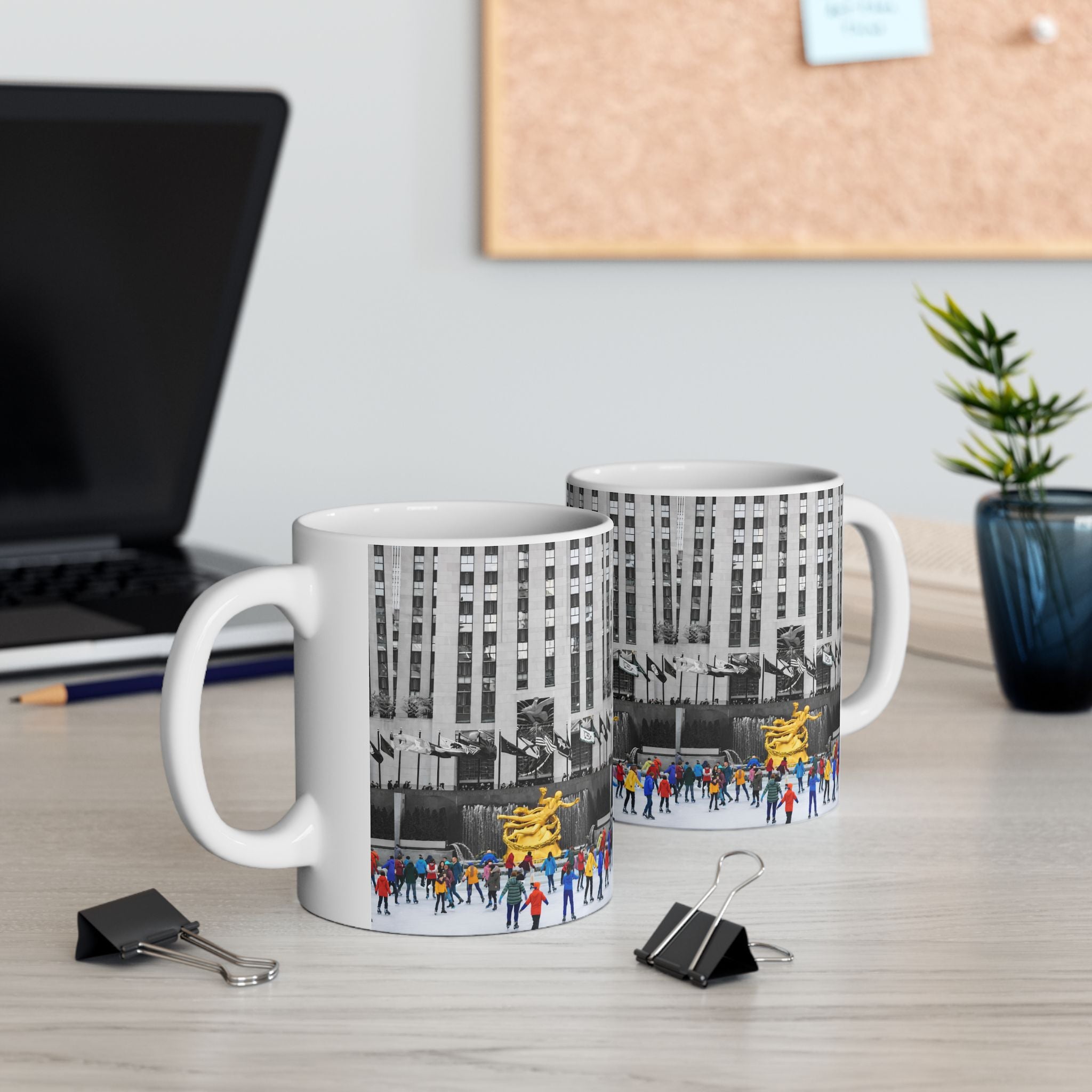 Rockefeller Center Ice Skating Scene Mug | NYC Gold Prometheus Ceramic Coffee Cup