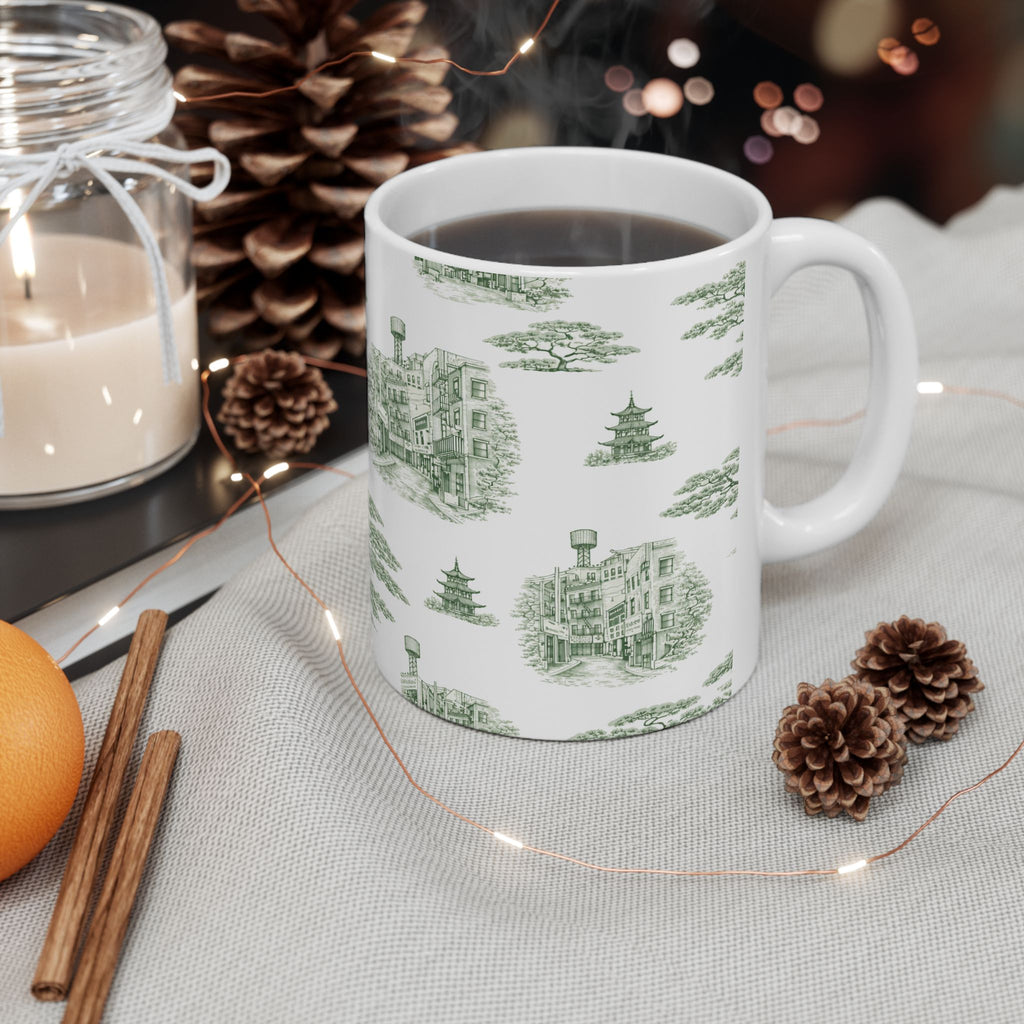 Chinatown Doyers Street Green Toile de Jouy Mug | New York City Chinoiserie Ceramic Mug 11oz