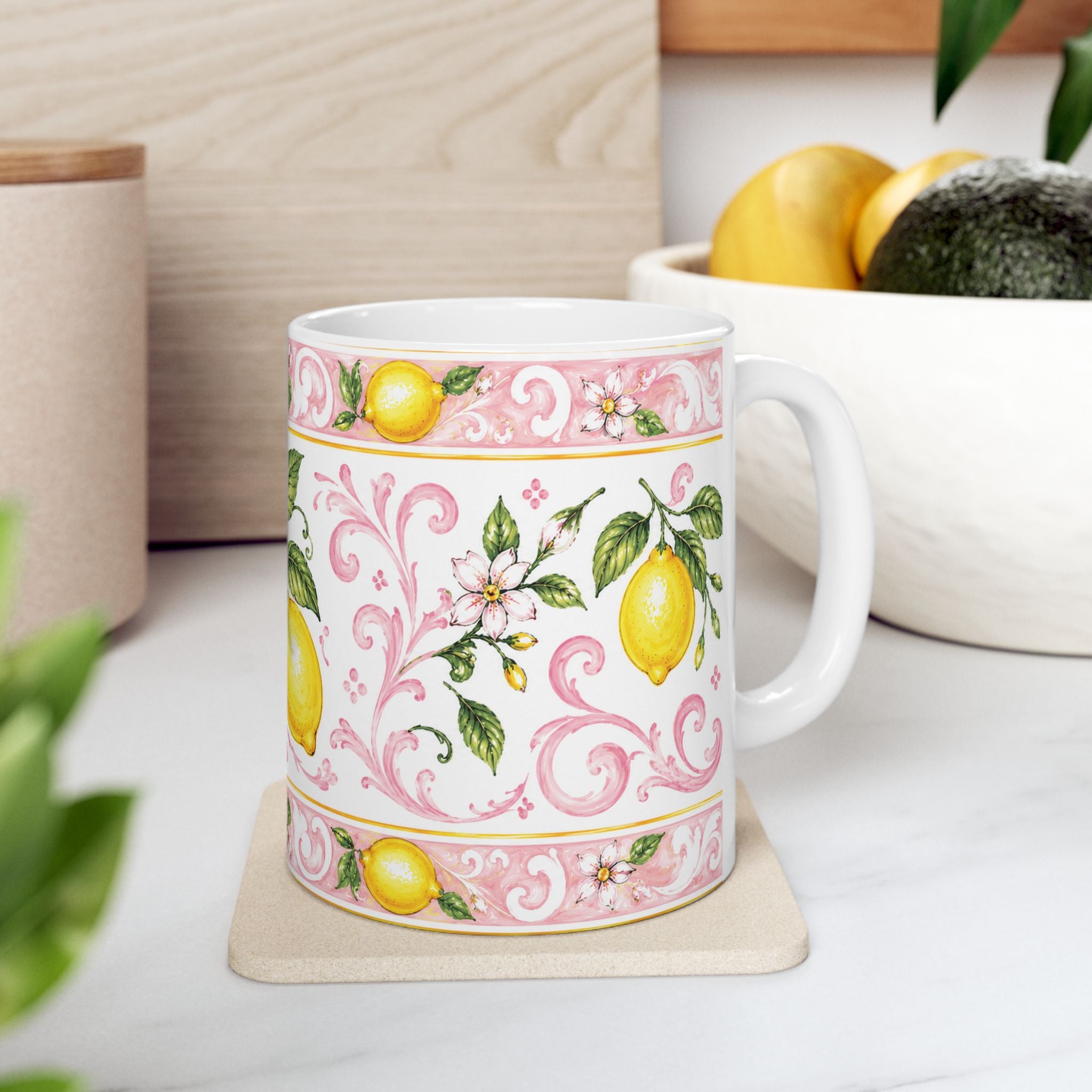Little Italy Amalfi Pink with Lemon Mug — Italian Mediterranean Pattern Coffee Cup (11oz)
