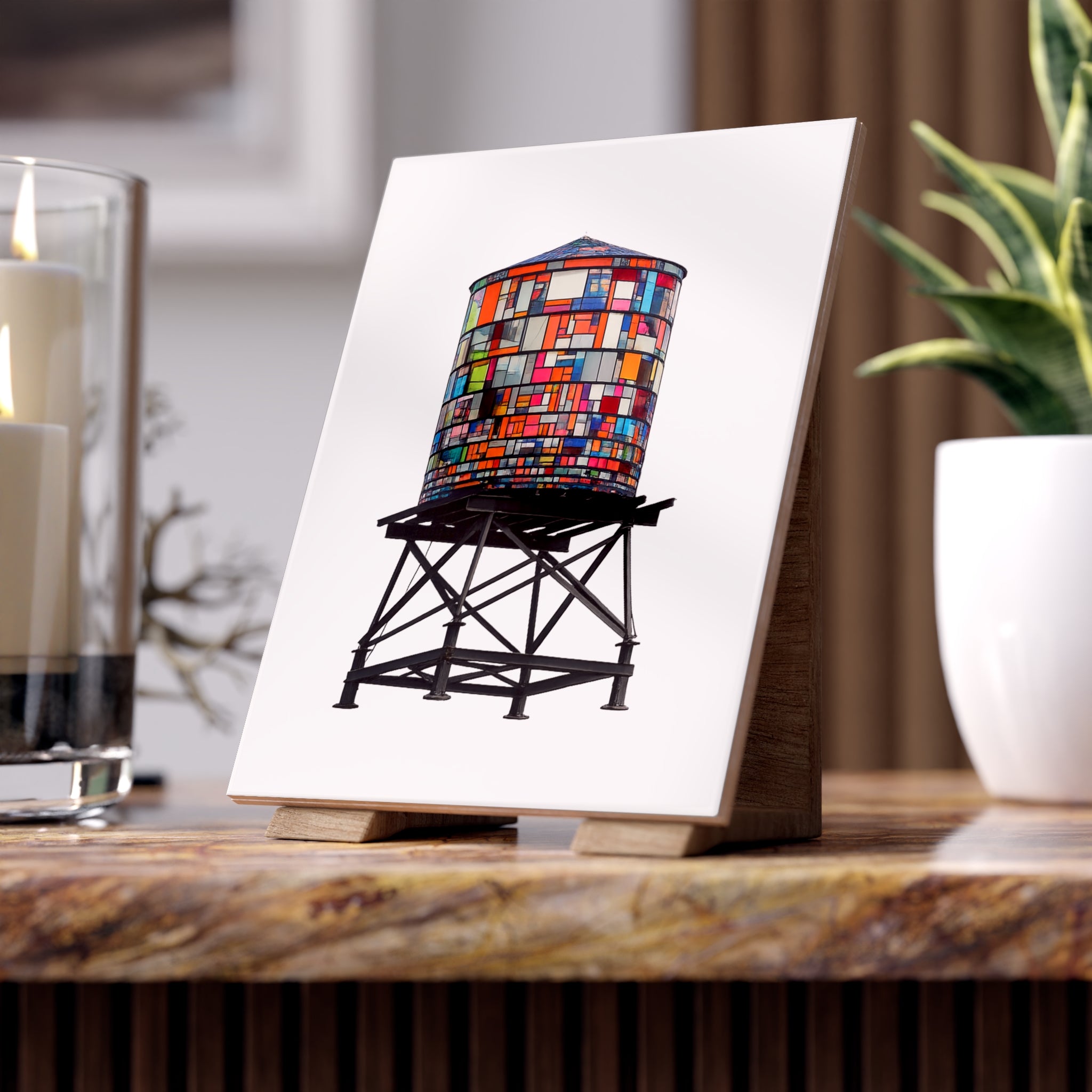 DUMBO Brooklyn Colorful Mosaic Water Tower Ceramic Shower Bath Tile 6" x 8"