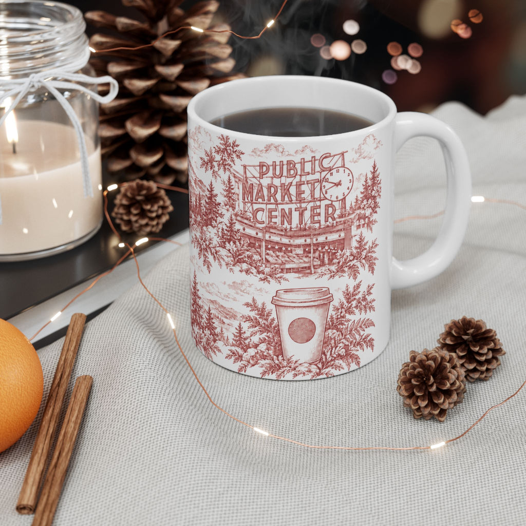Seattle Red Toile de Jouy Ceramic Mug — Seatlle Washington and Surroundings Coffee Cup (11oz)