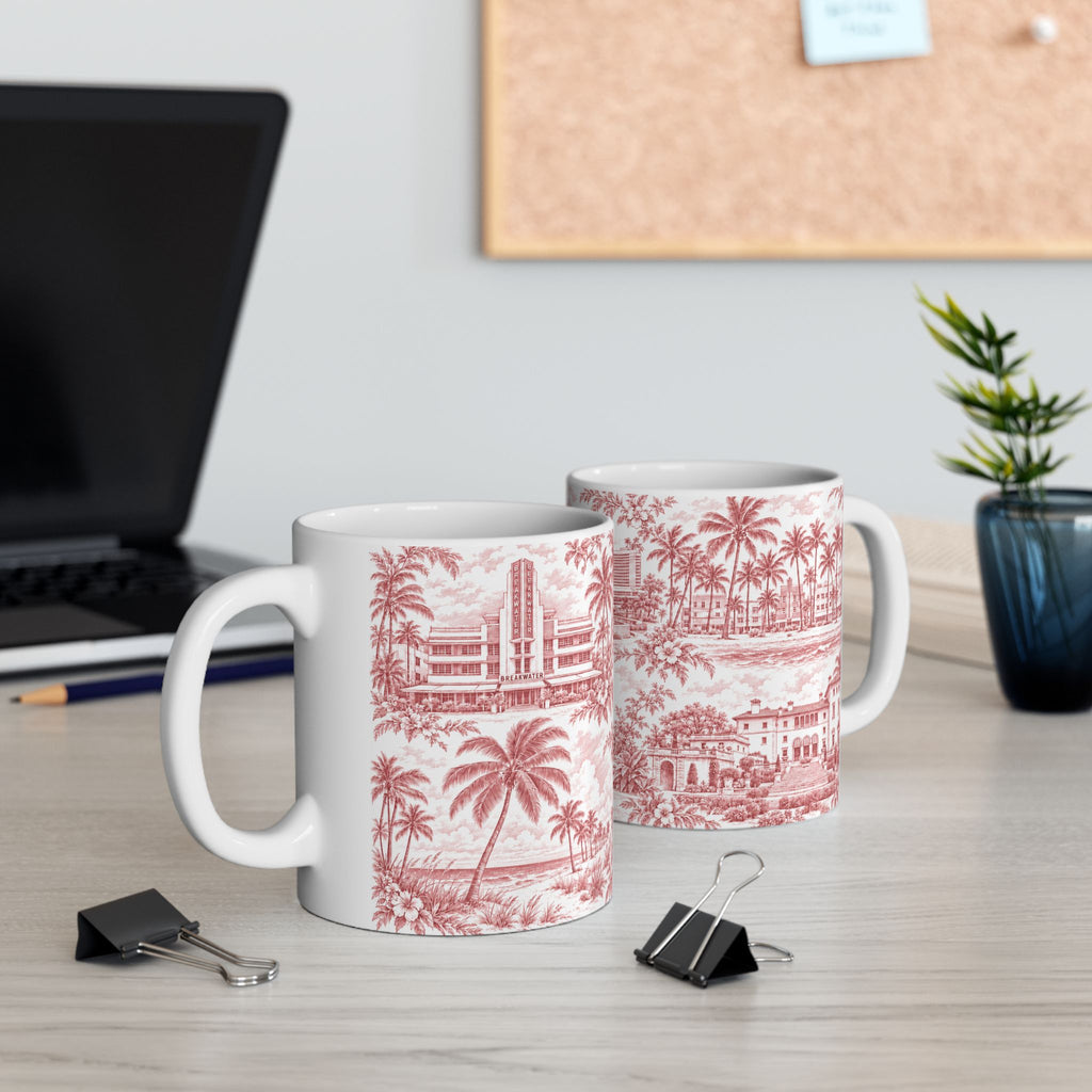 Miami Red Toile de Jouy Ceramic Mug — Florida Chinoiserie(11oz)