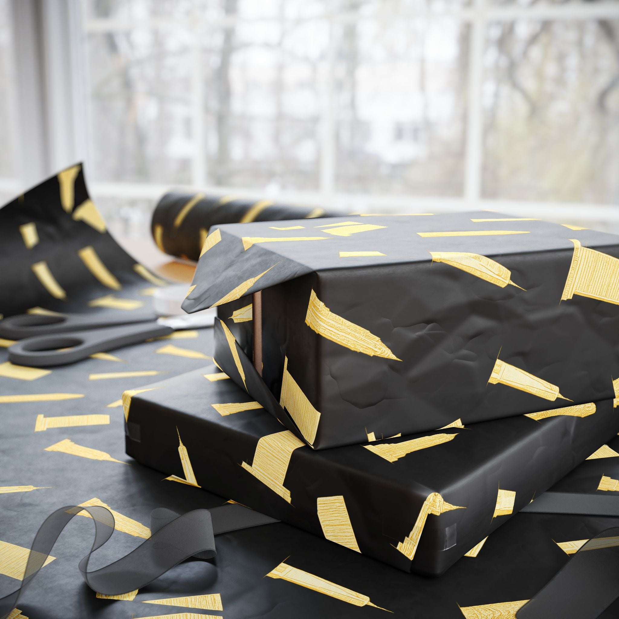 NYC Architecture Gold on Black Pattern Gift Wrap Paper | Iconic New York Buildings Empire State Chrysler Flatiron Wrapping Paper
