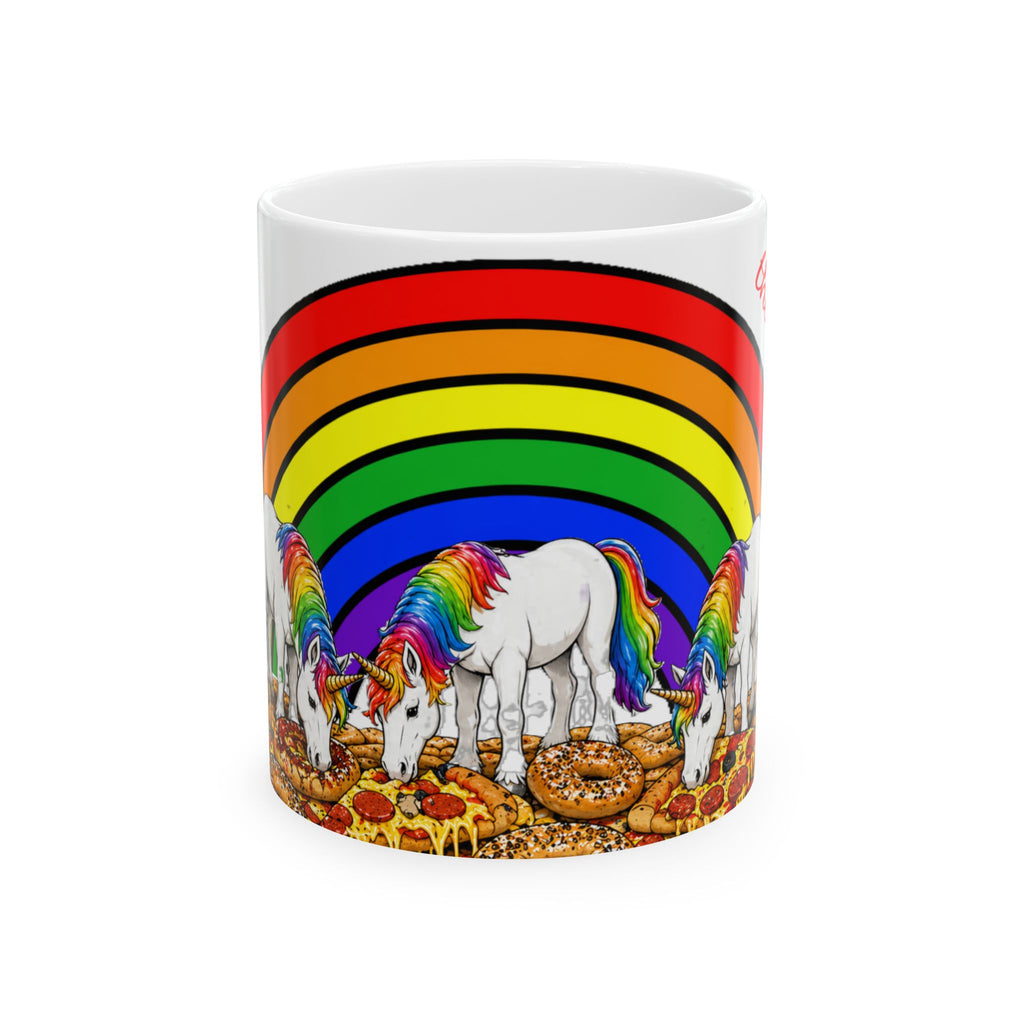 NYC Living the Dream Rainbow Unicorn Mug —  Pizza and Bagels New York Is a Fairy Tale Ceramic Coffee Cup