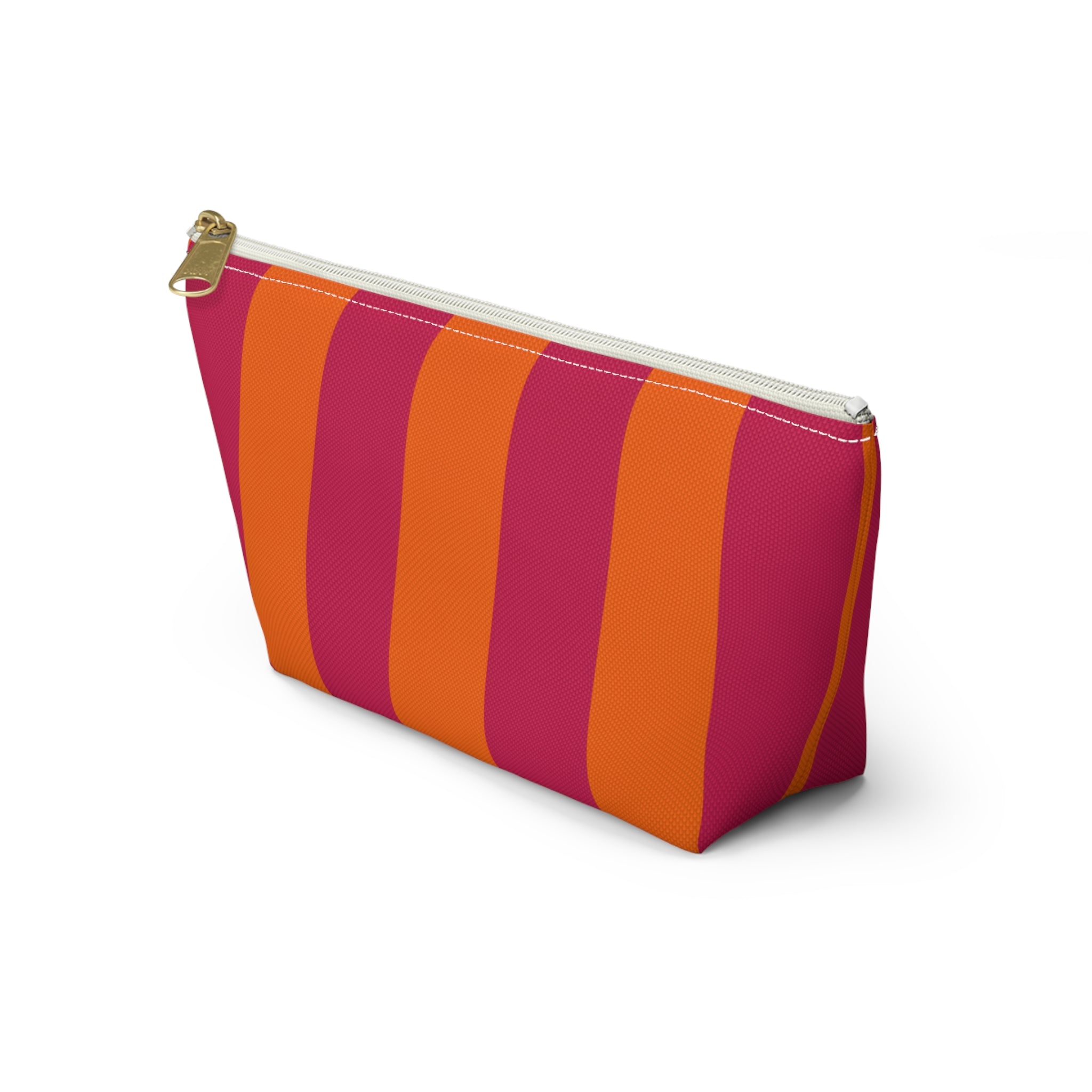 Customizable Striped Accessory Pouch — Pink & Orange T-Bottom Makeup Bag
