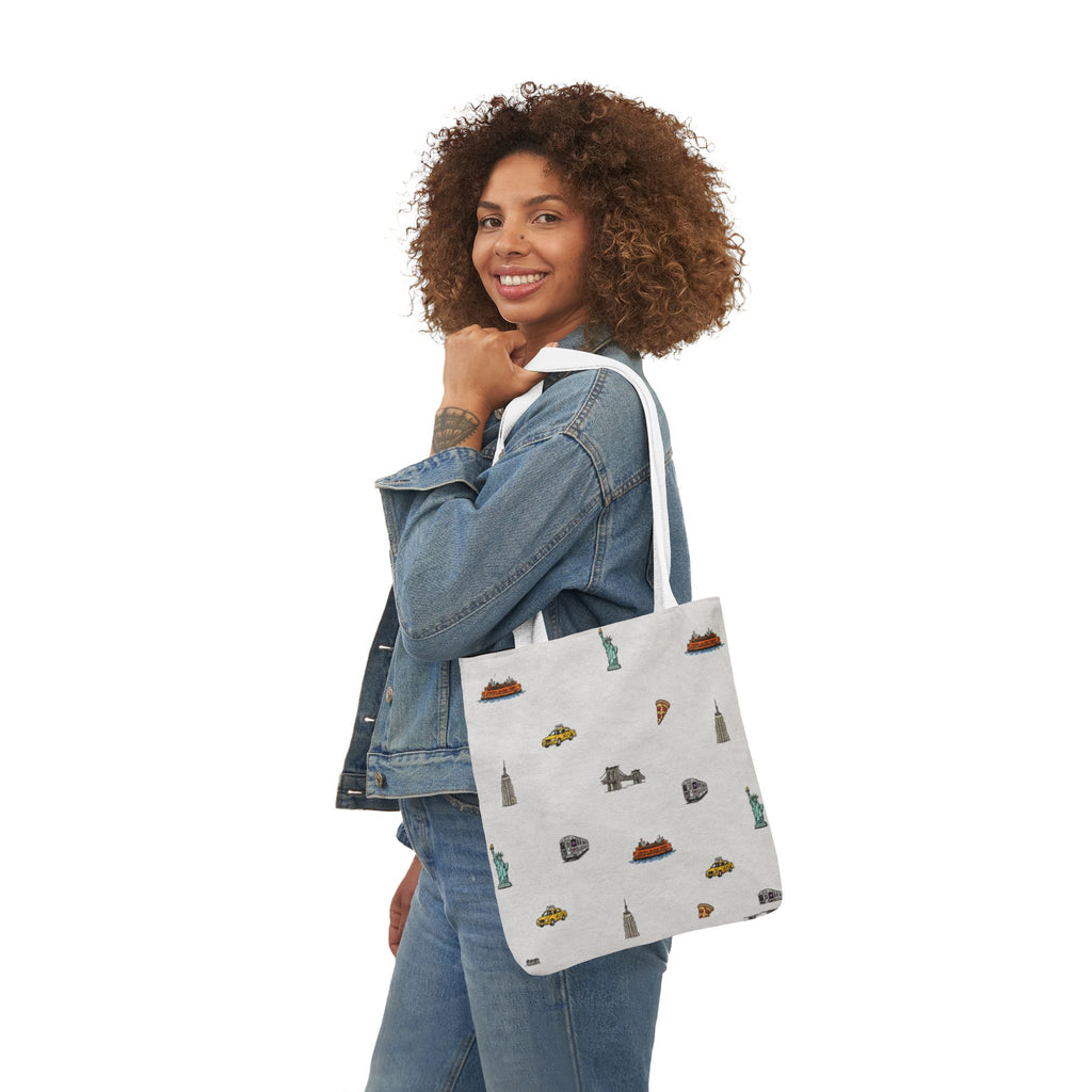 Icons of New York Heather Gray Canvas Tote — Statue of Liberty, Pizza & Taxi Pattern