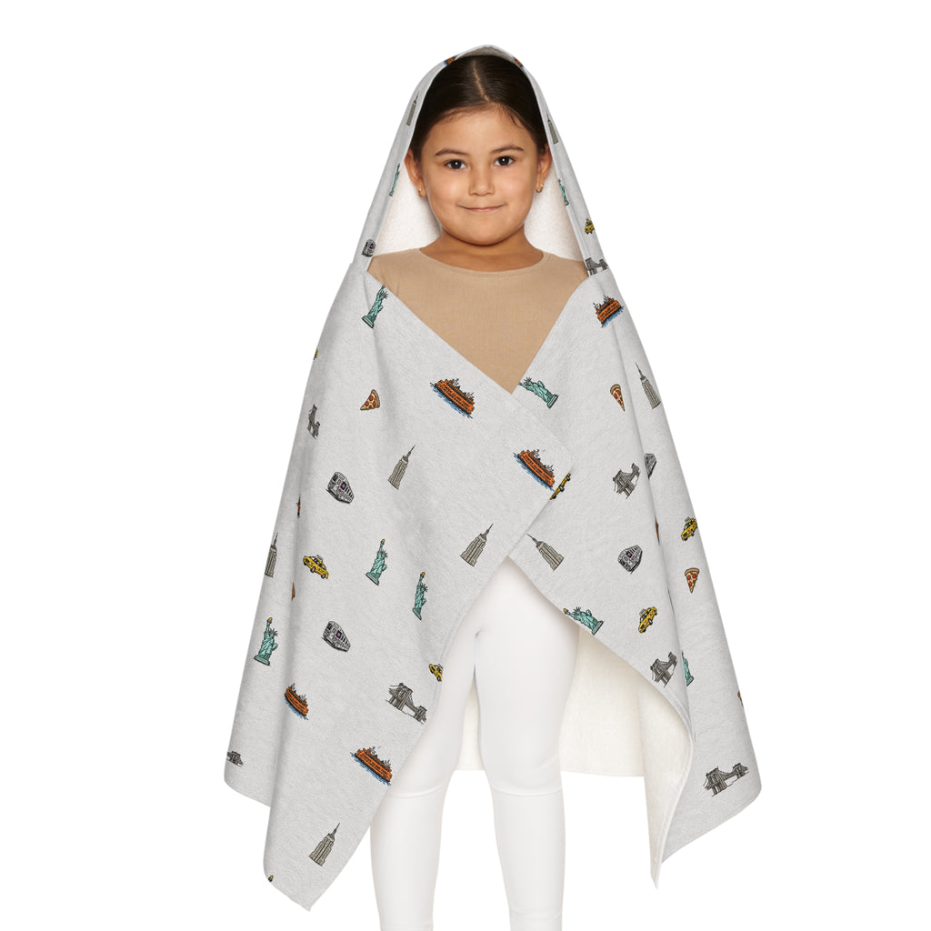 Icons of New York City Heather Gray Hooded Kids Towel — Statue of Liberty, Pizza & Skyline Childrens Towel