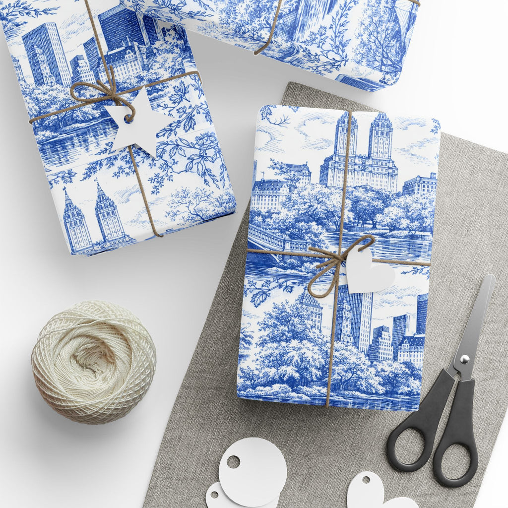 Central Park Blue Toile NYC Wrapping Paper | New York City Scenic Toile Pattern Roll