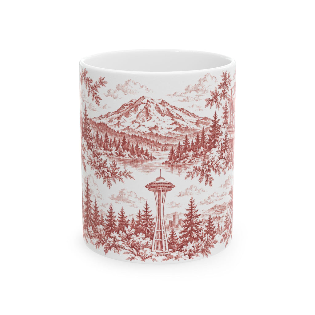 Seattle Red Toile de Jouy Ceramic Mug — Seatlle Washington and Surroundings Coffee Cup (11oz)