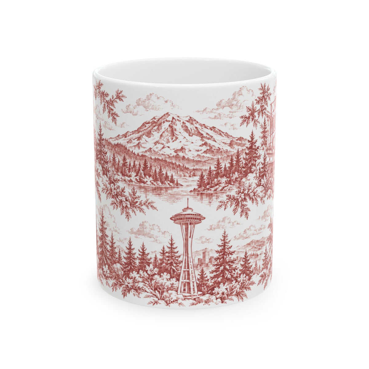 Seattle Red Toile de Jouy Ceramic Mug — Seatlle Washington and Surroundings Coffee Cup (11oz)