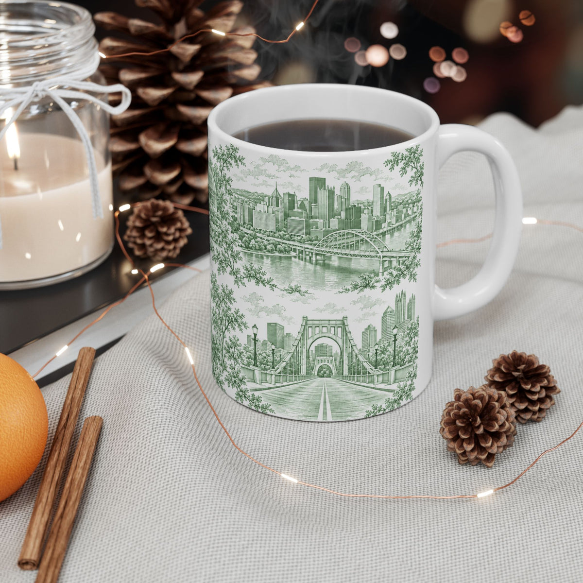 Pittsburgh Green Toile de Jouy Ceramic Mug — Pennsylvania Chinoiserie (11oz)