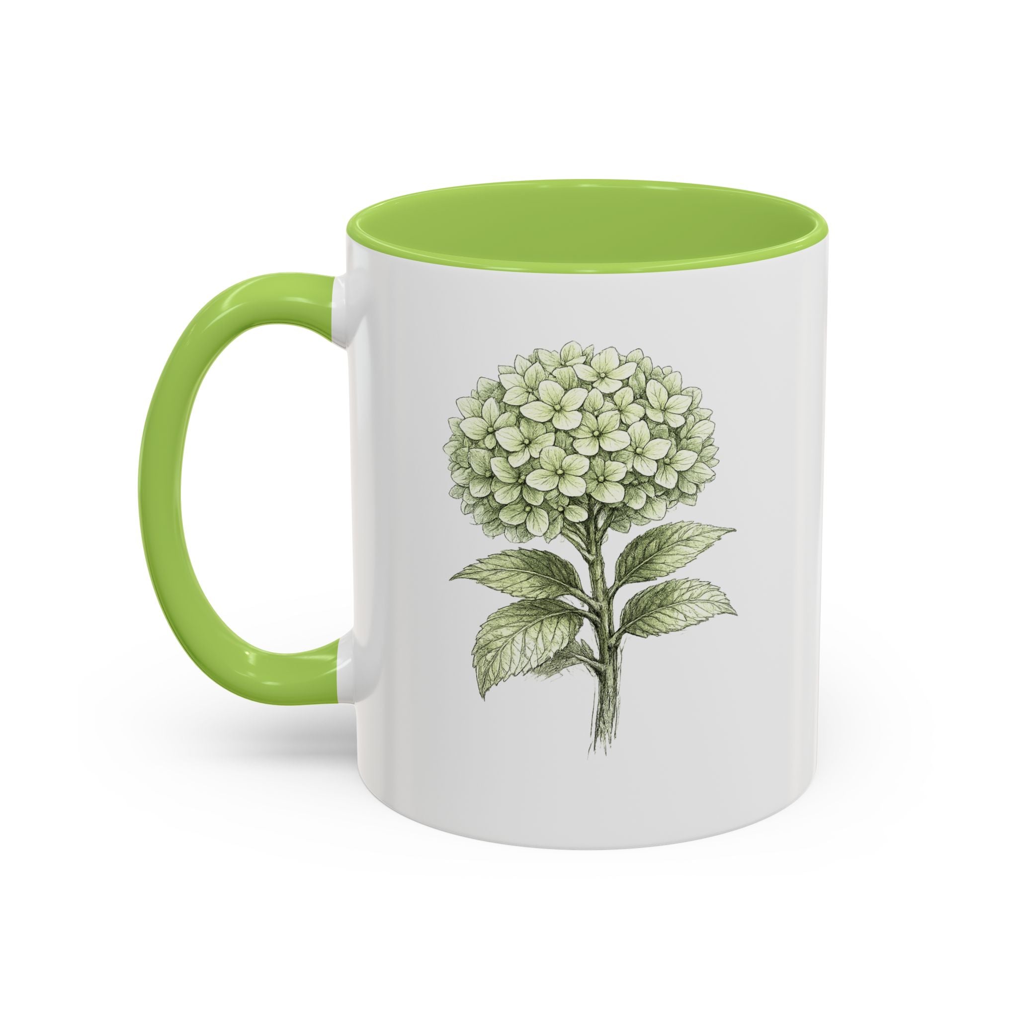 Hamptons Green Hydrangea Accent Coffee Mug – Blue Floral 11 oz
