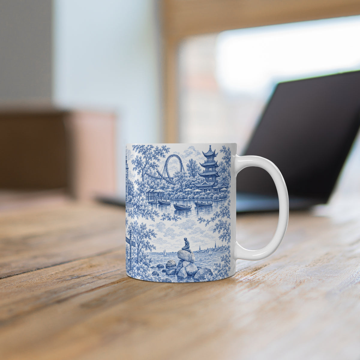 Copenhagen Blue Toile de Jouy Ceramic Coffee Mug (11 oz, Ships from Europe)