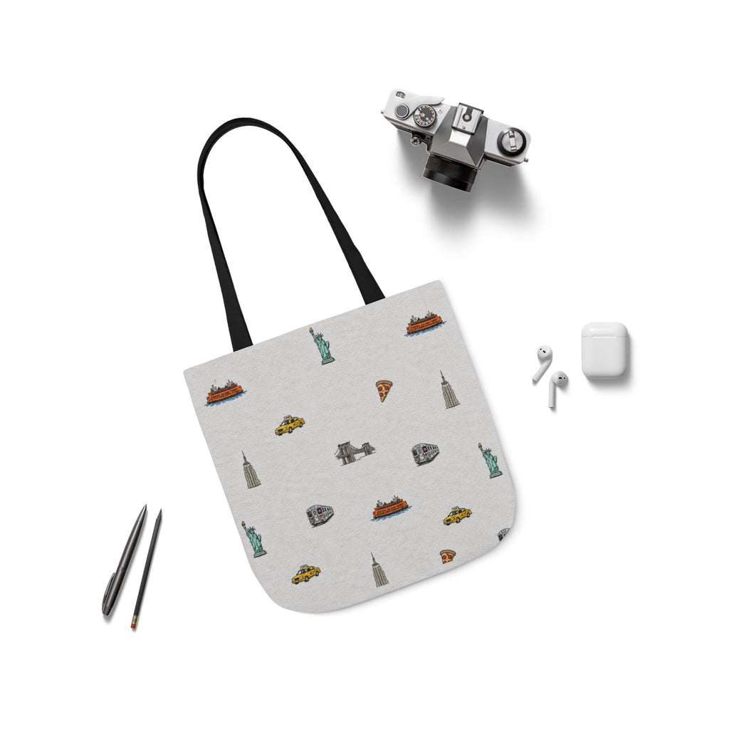 Icons of New York Heather Gray Canvas Tote — Statue of Liberty, Pizza & Taxi Pattern