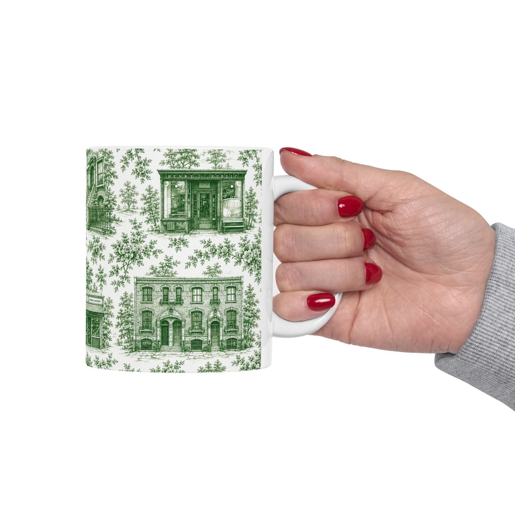 Cobble Hill Green Toile de Jouy Mug | NYC Chinoiserie Ceramic Coffee Cup