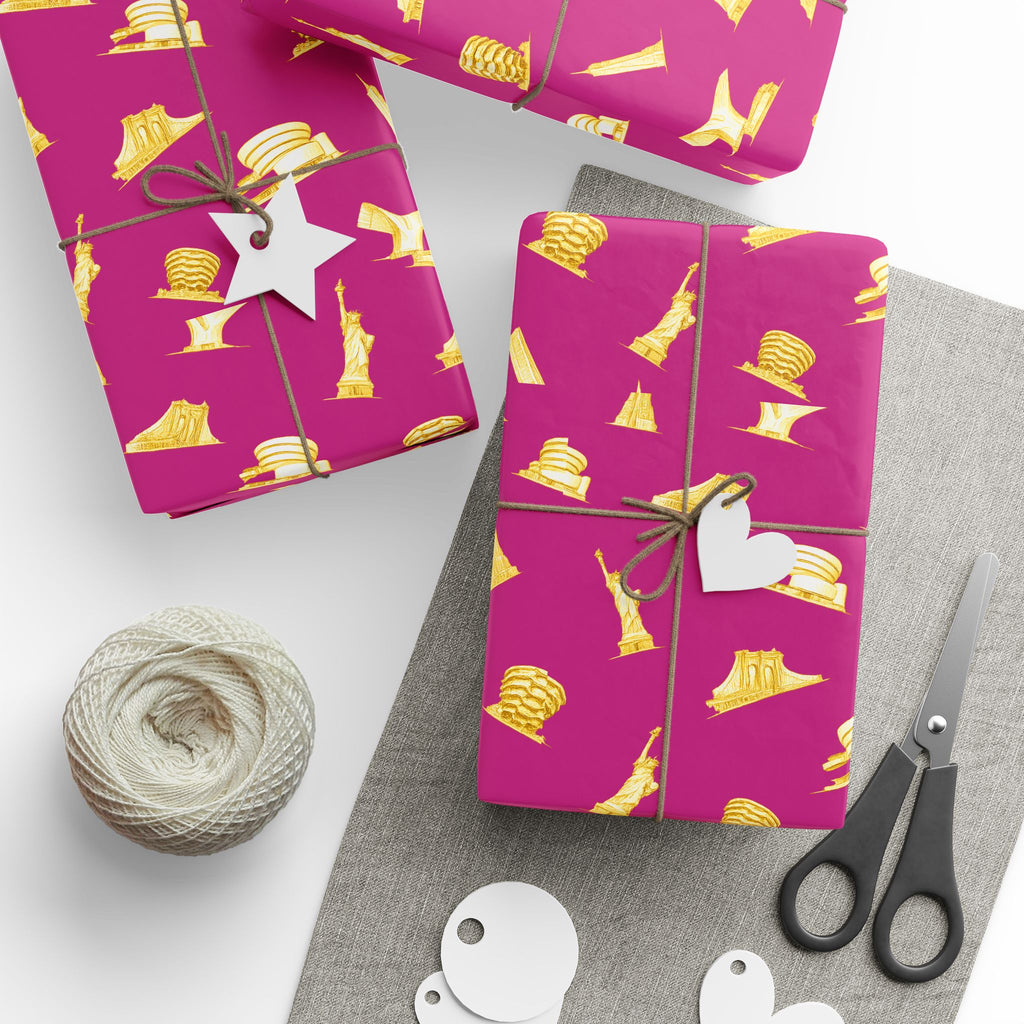 Gold NYC Landmarks on Pink Gift Wrap Paper | New York Statue of Liberty Oculus Vessel Brooklyn Bridge Guggenheim Wrapping Paper Roll
