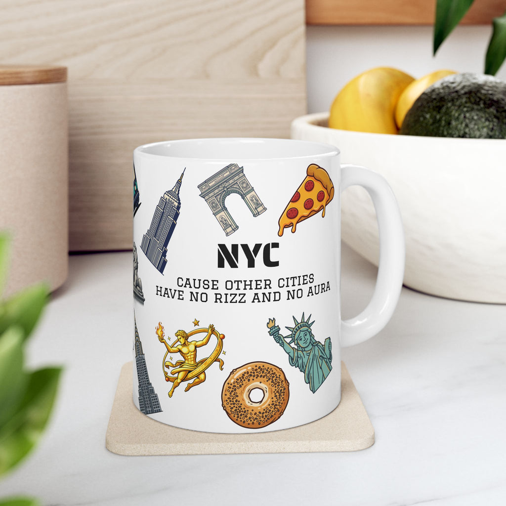 NYC Icons Rizz and Aura Mug | New York City Landmark Collage Ceramic Coffee Tea Mug