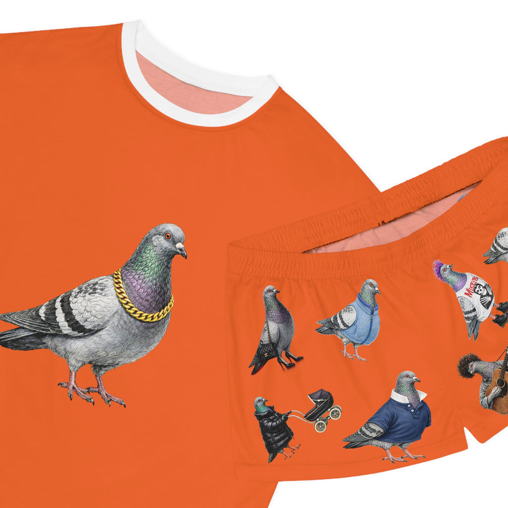 Orange NYC Pigeon Pattern Short Pajama Set | New York City Bird Lovers PJs Cozy Sleepwear