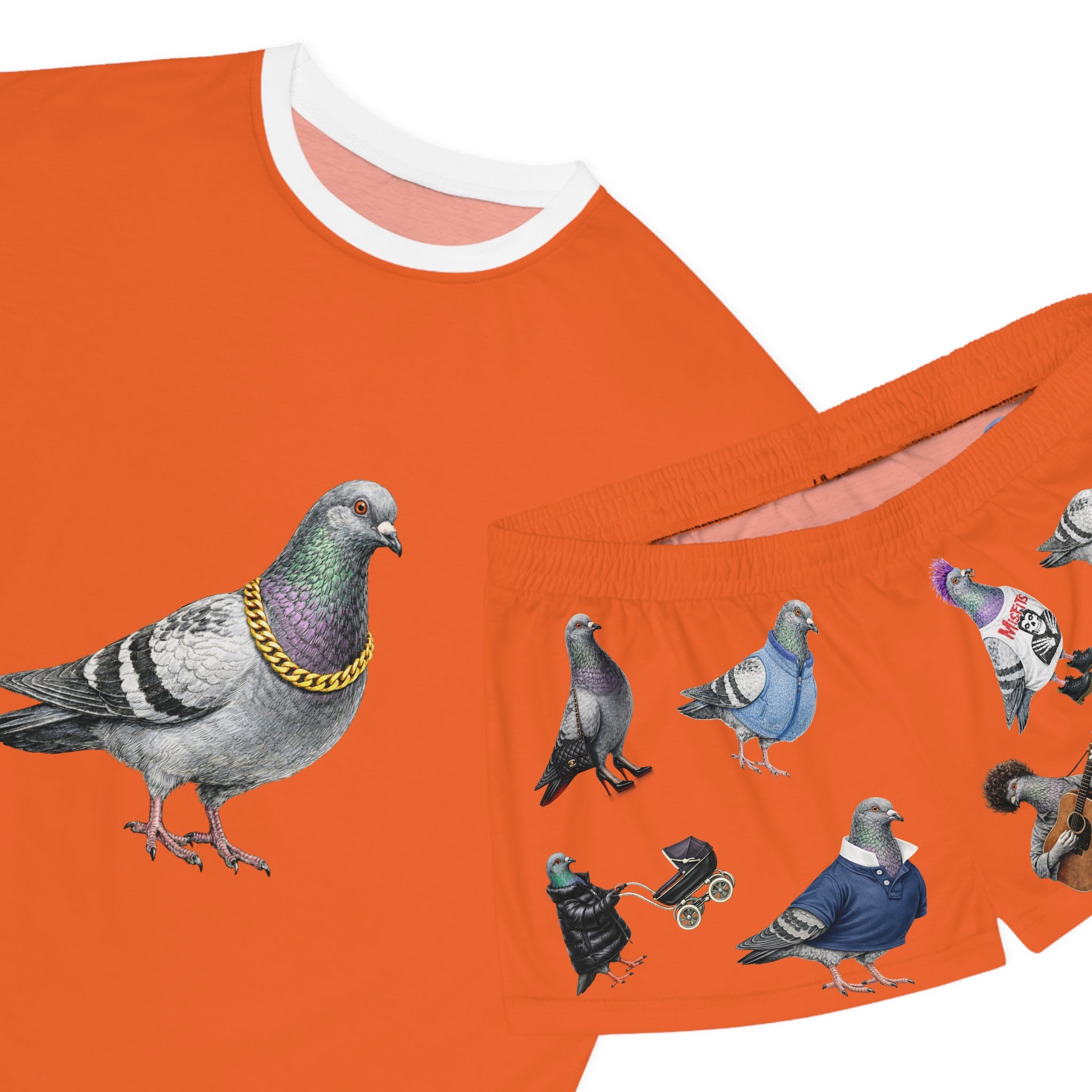 Orange NYC Pigeon Pattern Short Pajama Set | New York City Bird Lovers PJs Cozy Sleepwear