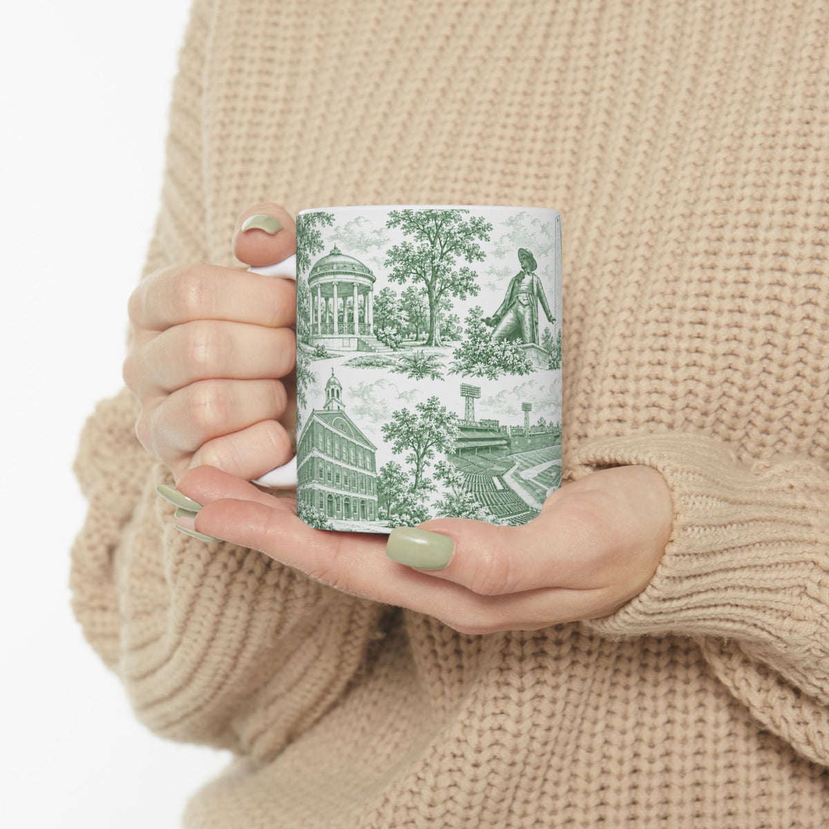 Boston Green Toile de Jouy Mug — Green Scenic Ceramic Coffee Cup (11oz)