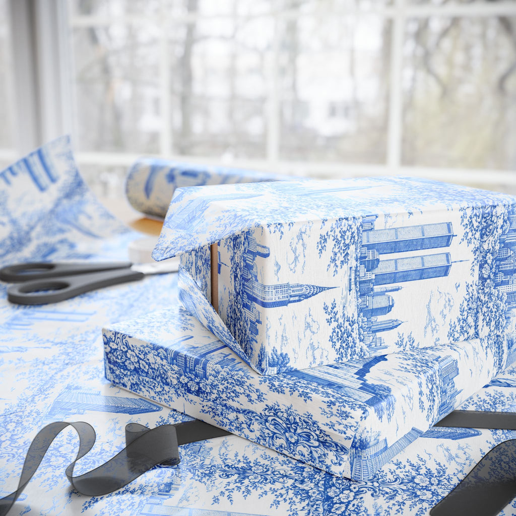 Manhattan NYC Blue Toile Gift Wrapping Papers   Chinoiserie New York City Gift Wrap Empire State Building Twin Towers Statue of Liberty