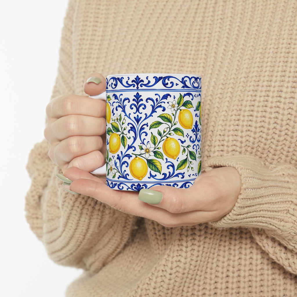 Little Italy Amalfi Blue and White with Lemon Mug — Italian Mediterranean Pattern Coffee Cup (11oz)