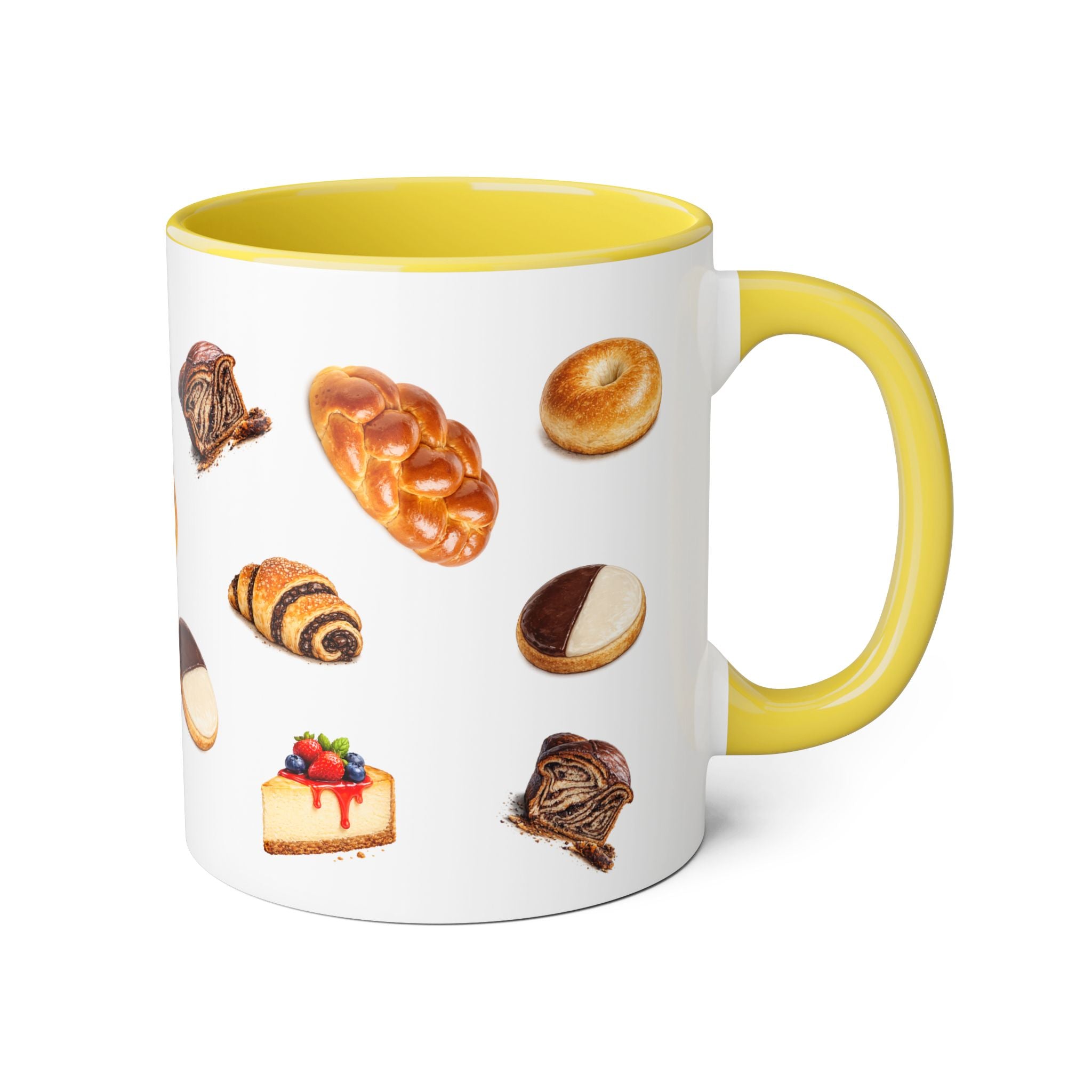 NYC Kosher Bakery Pattern Mug | Babka Cheesecake Rugelach Black + White Cookie Challah Bagel 11oz Ceramic Coffee Cup