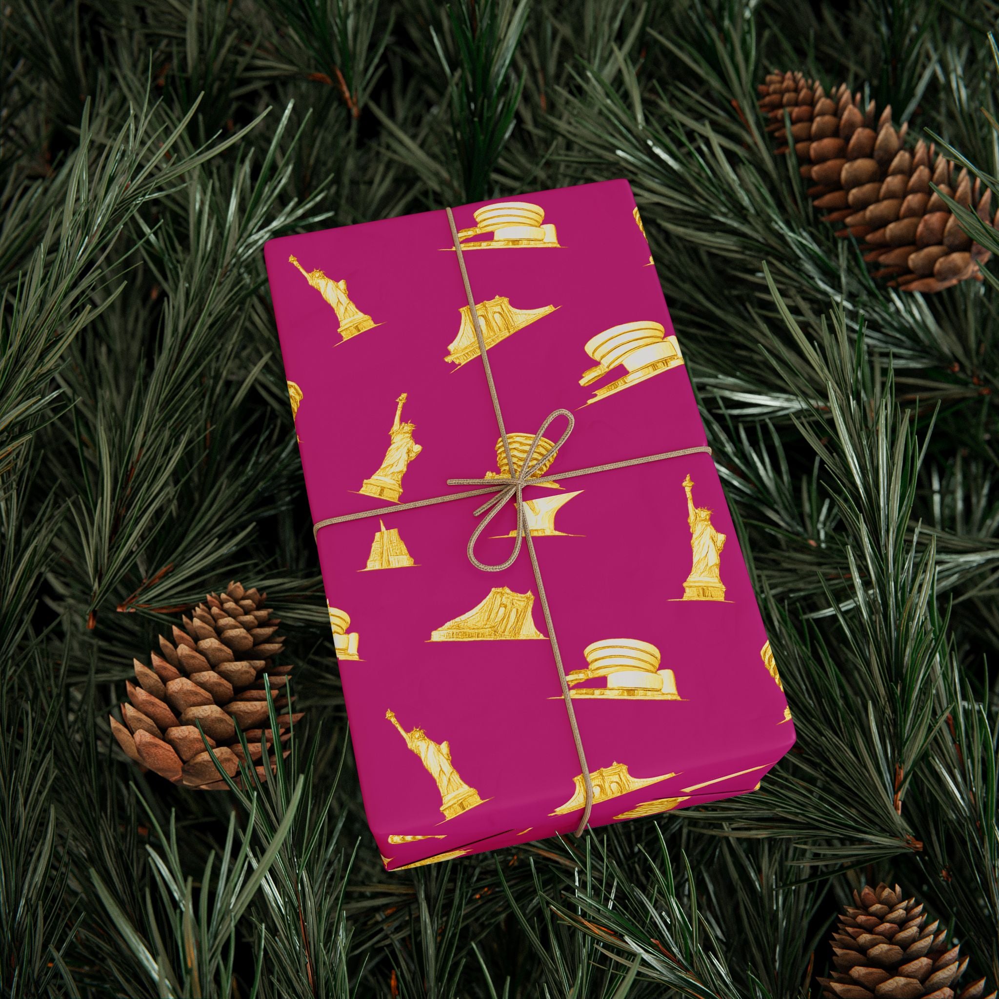 Gold NYC Landmarks on Pink Gift Wrap Paper | New York Statue of Liberty Oculus Vessel Brooklyn Bridge Guggenheim Wrapping Paper Roll
