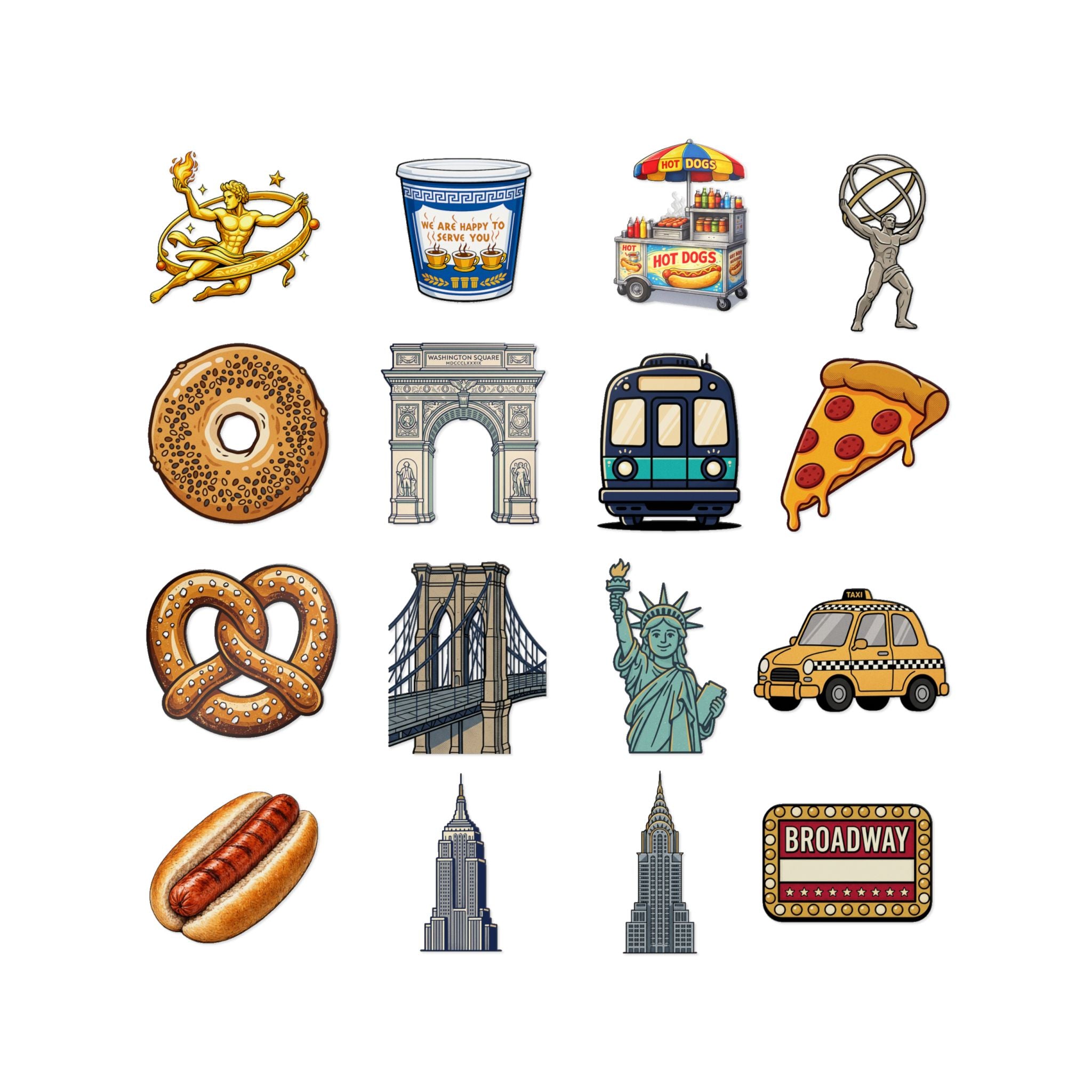 Hoja de calcomanías de los íconos de la ciudad de Nueva York — Pizza, Taxi, Bagel, Rascacielos, Estatua de la Libertad y calcomanías de lugares emblemáticos de la ciudad de Nueva York