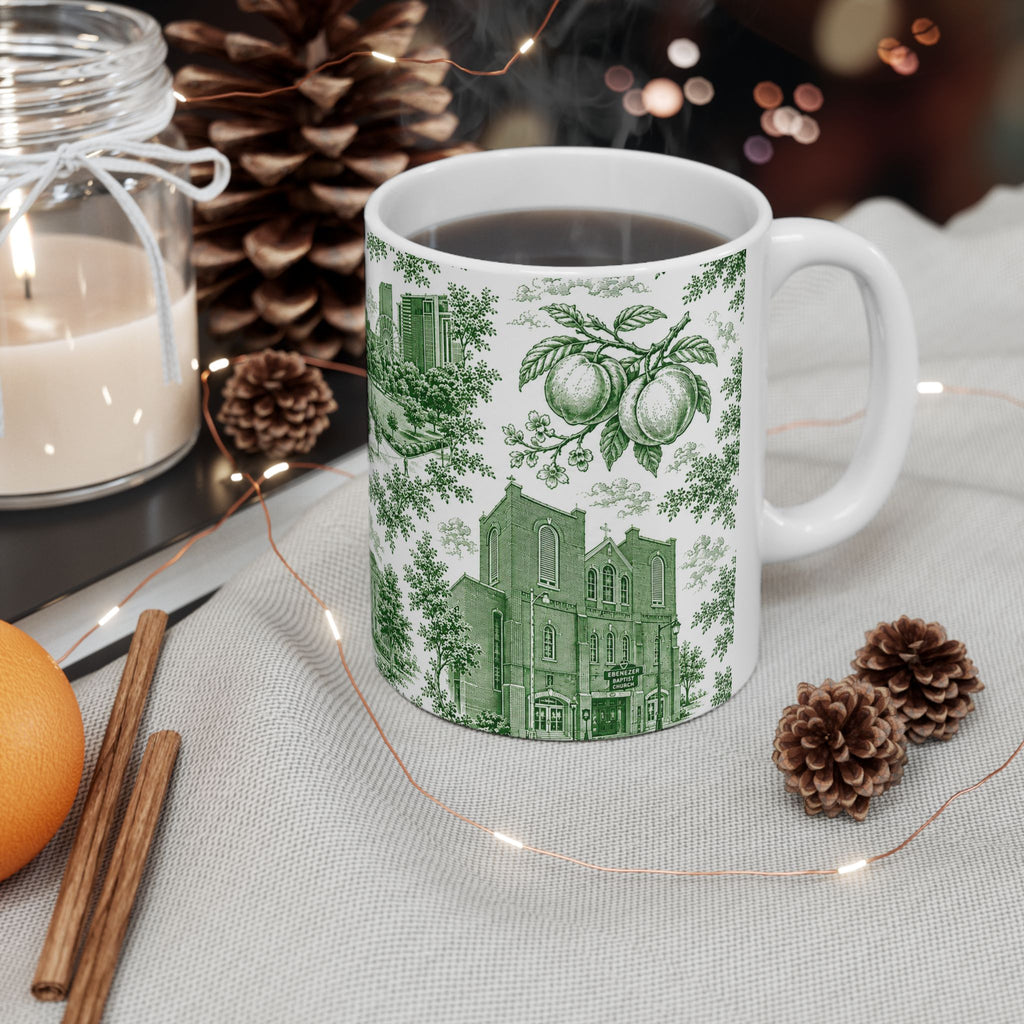 Atlanta Green Toile de Jouy Ceramic Mug — Atlanta, Georgia Skyline & Capitol Illustration (11oz)